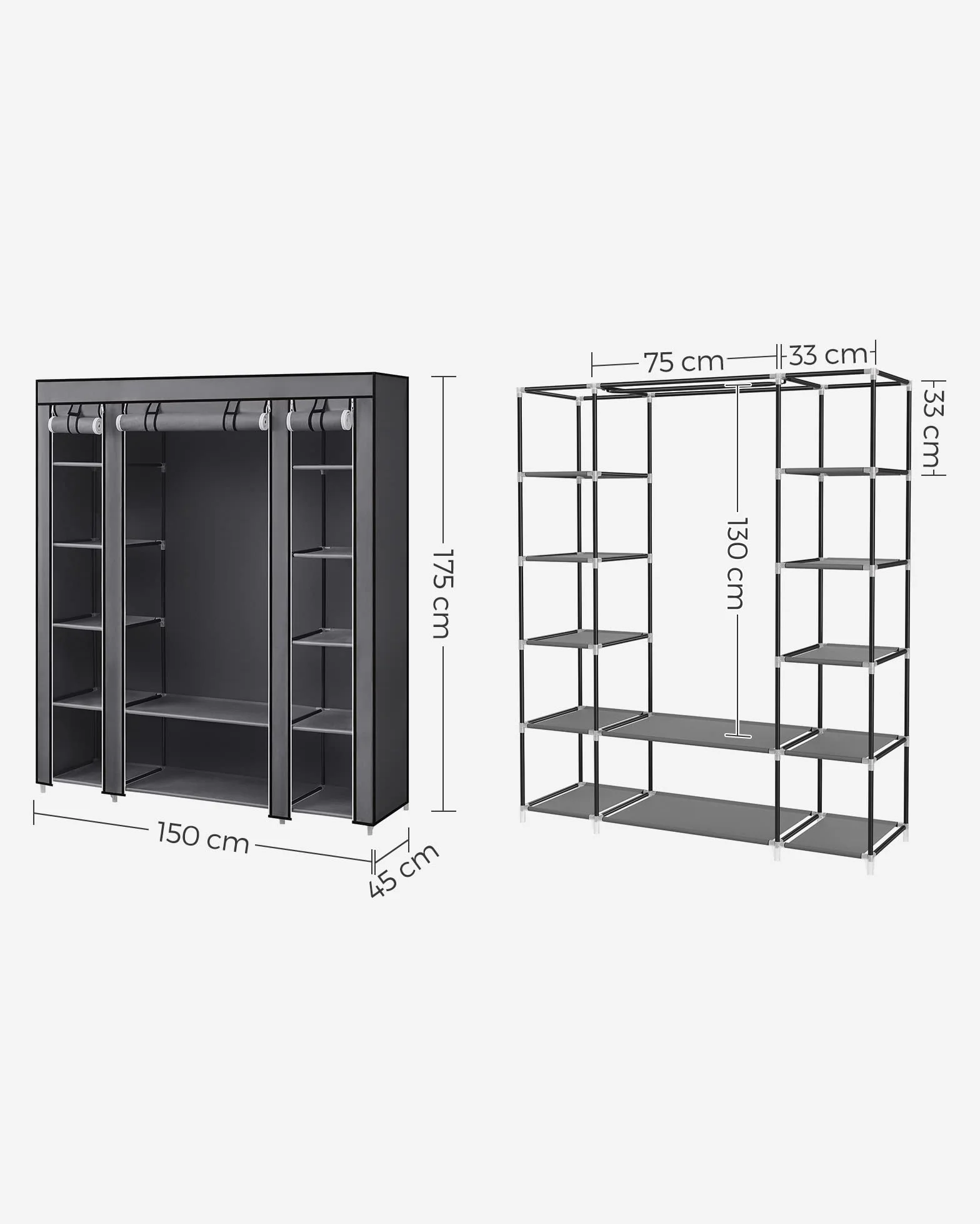 SONGMICS Szafa na ubrania, szafa z materiału, 12 z drążkiem na ubrania i półkami, stabilna szafa, do sypialni, garderoby, 150 x 45 x 175 cm, szara LSF03G