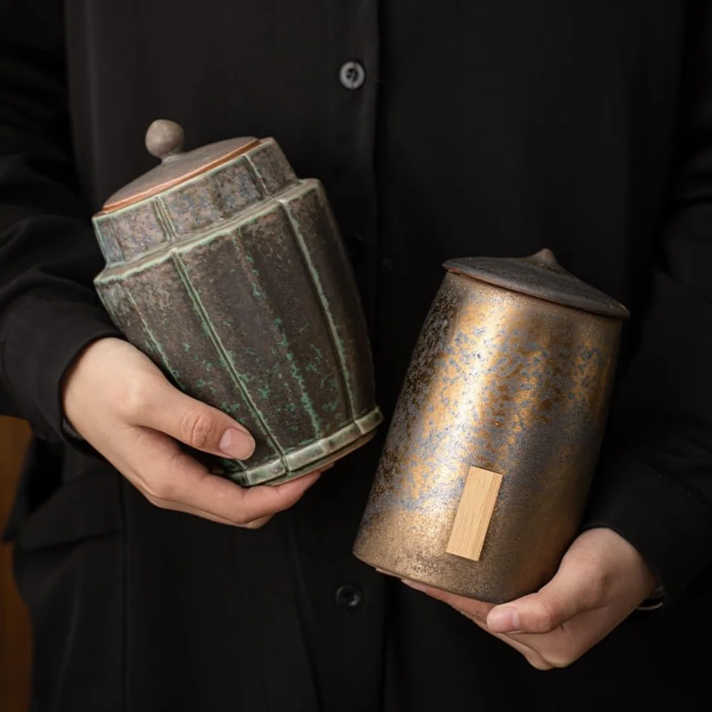 XYNSNDB Słoik cukru Chiński retro pozłacany żelazny kapelusz Bambusowy kapelusz Puszka na herbatę Ceramiczne przechowywanie herbaty o dużej pojemności Puszka na herbatę Zamknięta puszka do użytku