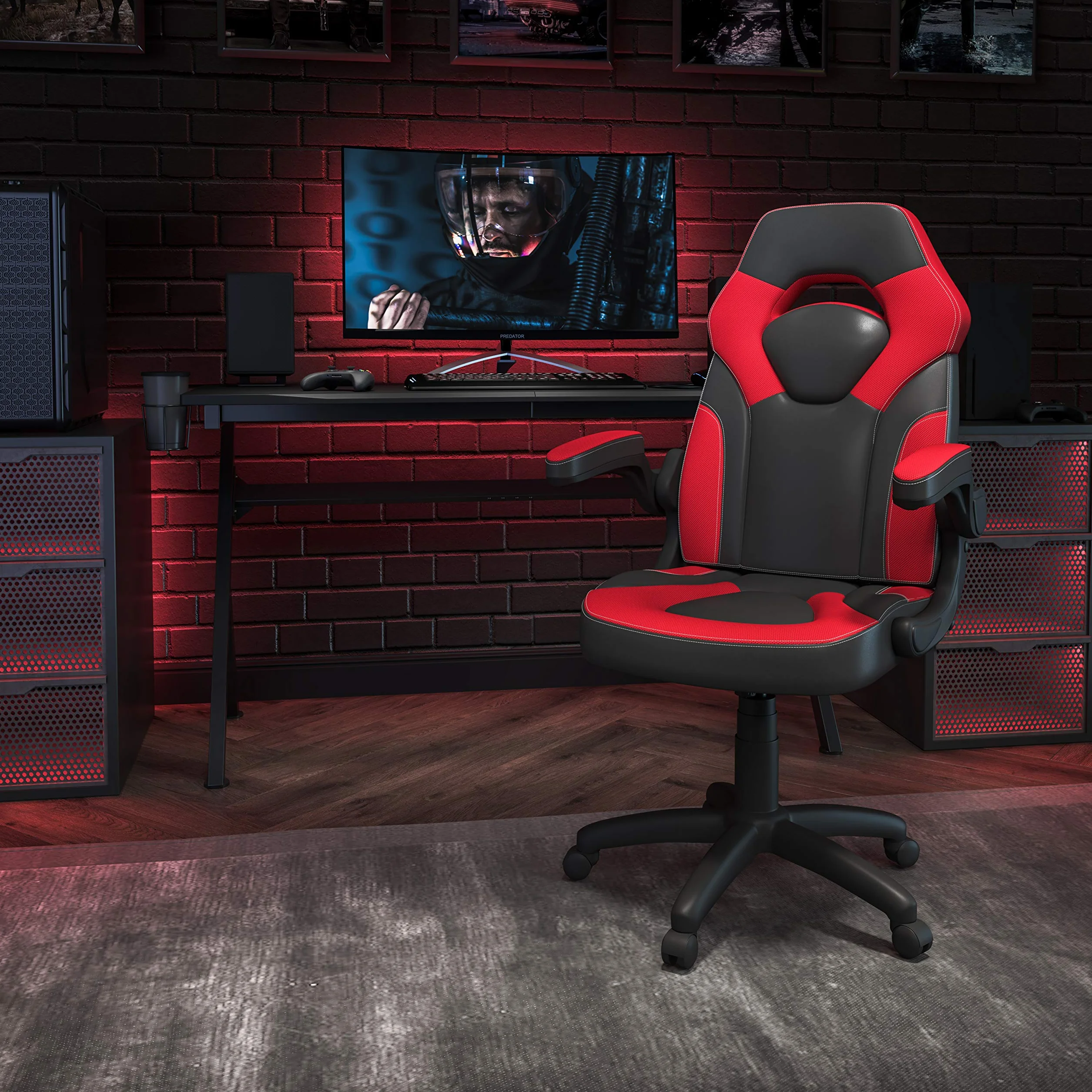 Flash Furniture X10 fotel gamingowy do biura, ergonomiczny, komputerowy, regulowany, obrotowy fotel z podnoszonymi podłokietnikami, czerwono-czarna skóra, miękka