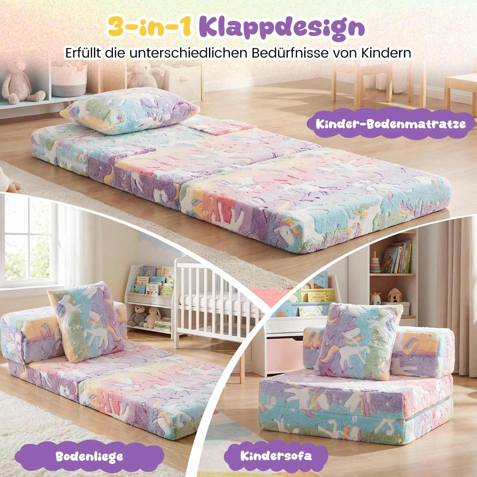 COSTWAY Sofa dziecięca 3 w 1 świecąca w ciemności, składany fotel z poduszką i zdejmowanym pokrowcem, wyściełana sofa do zabawy z funkcją spania do pokoju dziecięcego, kolorowy
