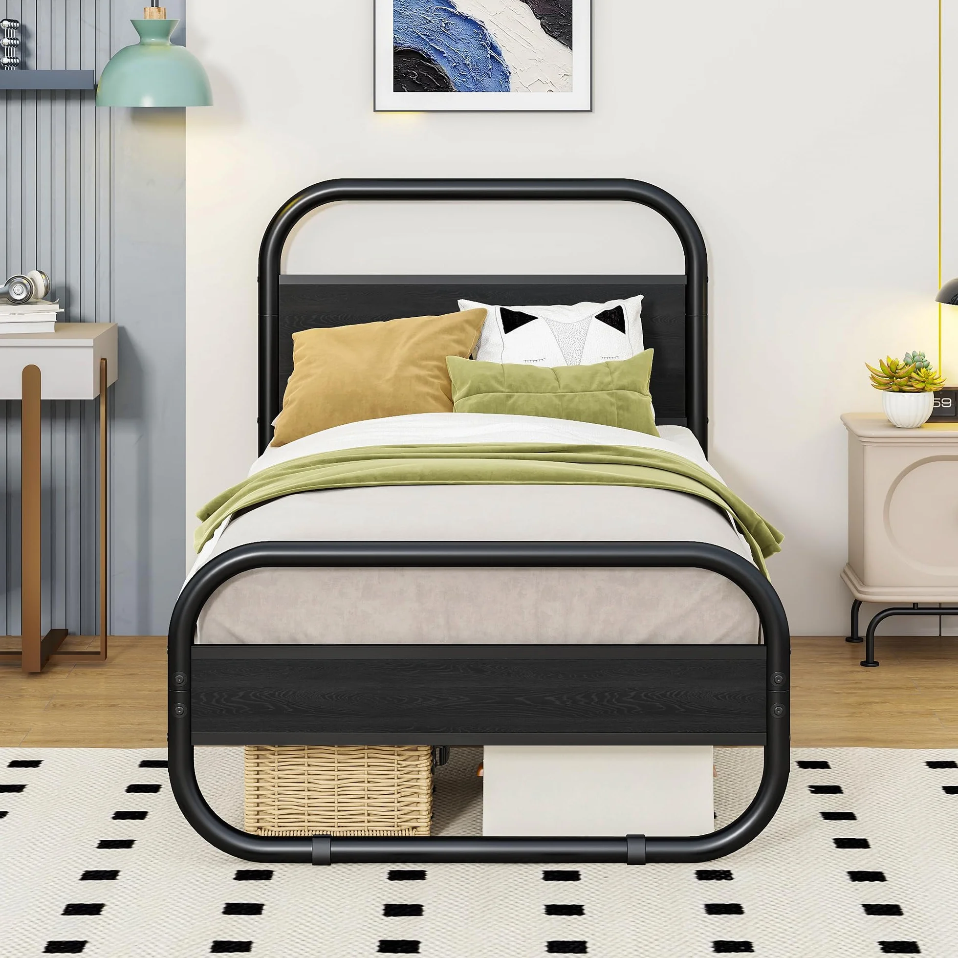 HOMERECOMMEND Łóżko 90 x 200 cm, rama łóżka z metalu i drewna, z listwą dolną, rama łóżka 90 x 200 cm, z zagłówkiem, owalne łóżko z platformą do przechowywania pod łóżkiem, czarna
