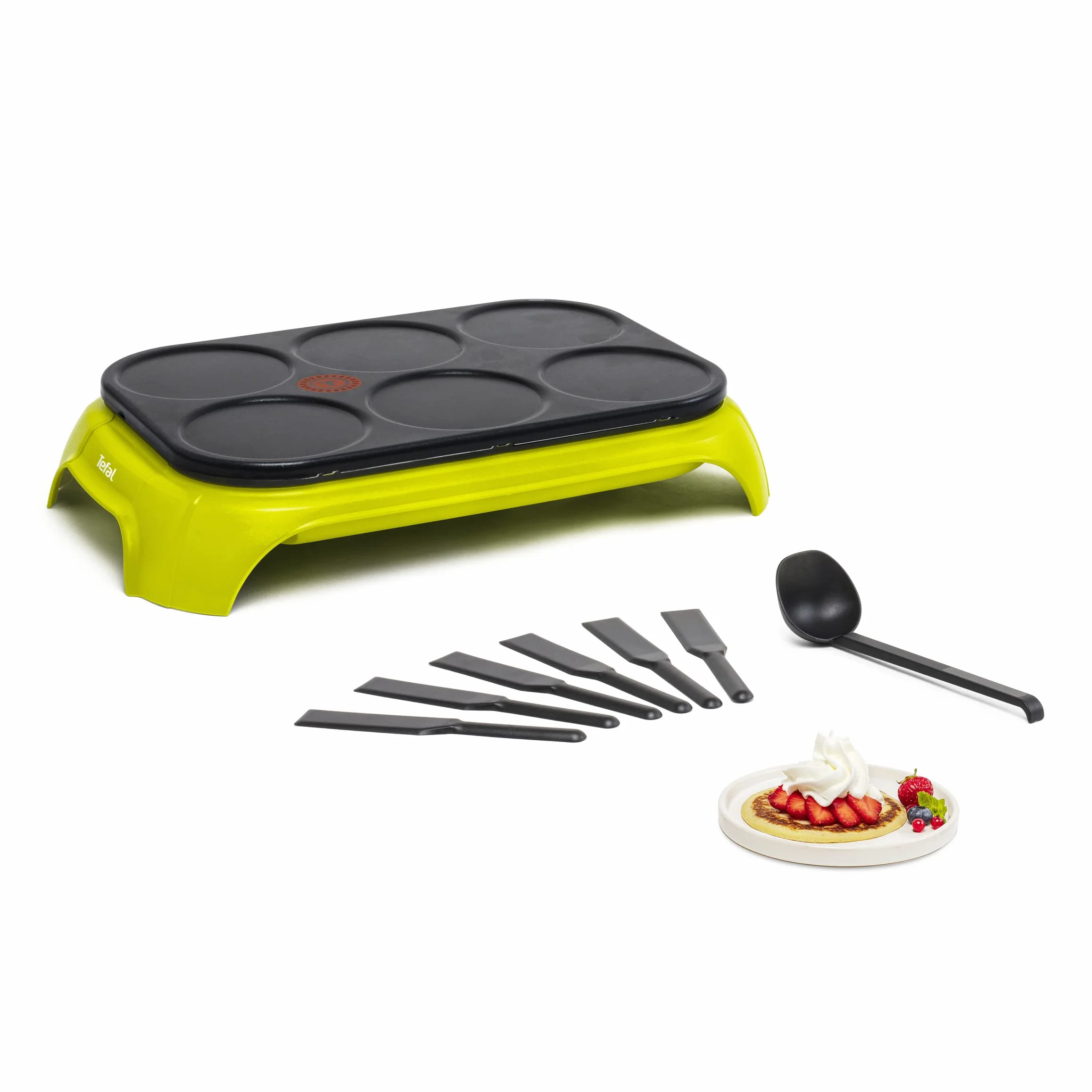 Tefal PY5593 Crep'Party Colormania Crêpemaker | Płyta z 6 Zagłębieniami do Naleśników | Wskaźnik Temperatury Thermo-Spot | w Zestawie 6 Szpatułek i Jedna Łyżka | Żółty/Czarny