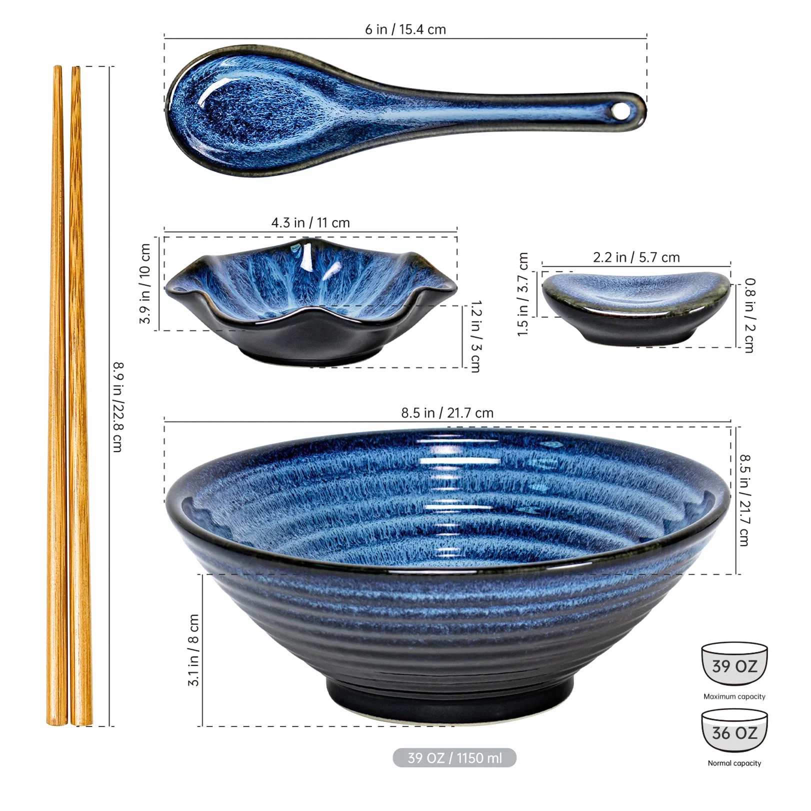 UNICASA Ceramiczne miski na zupę, miski na płatki zbożowe z pałeczkami, łyżką i półką, japońska miska na makaron do azjatyckich ramen, 2 zestawy