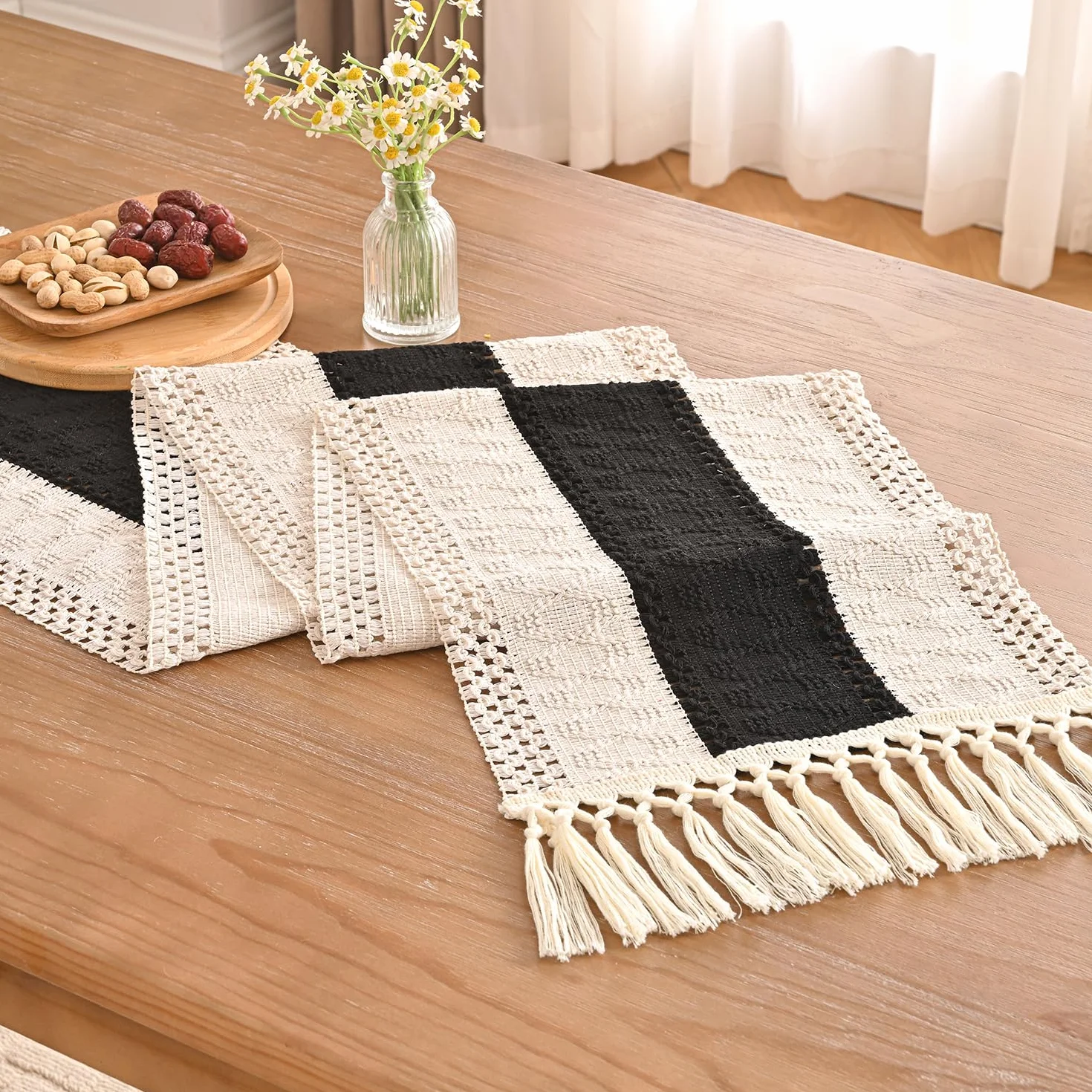 Bieżnik na stół w stylu boho bieżnik na stół pusty frędzle obrus na stół szydełkowy bieżnik 30 x 140 cm czarny/beżowy do dekoracji stołu vintage Boho Wedding Shower
