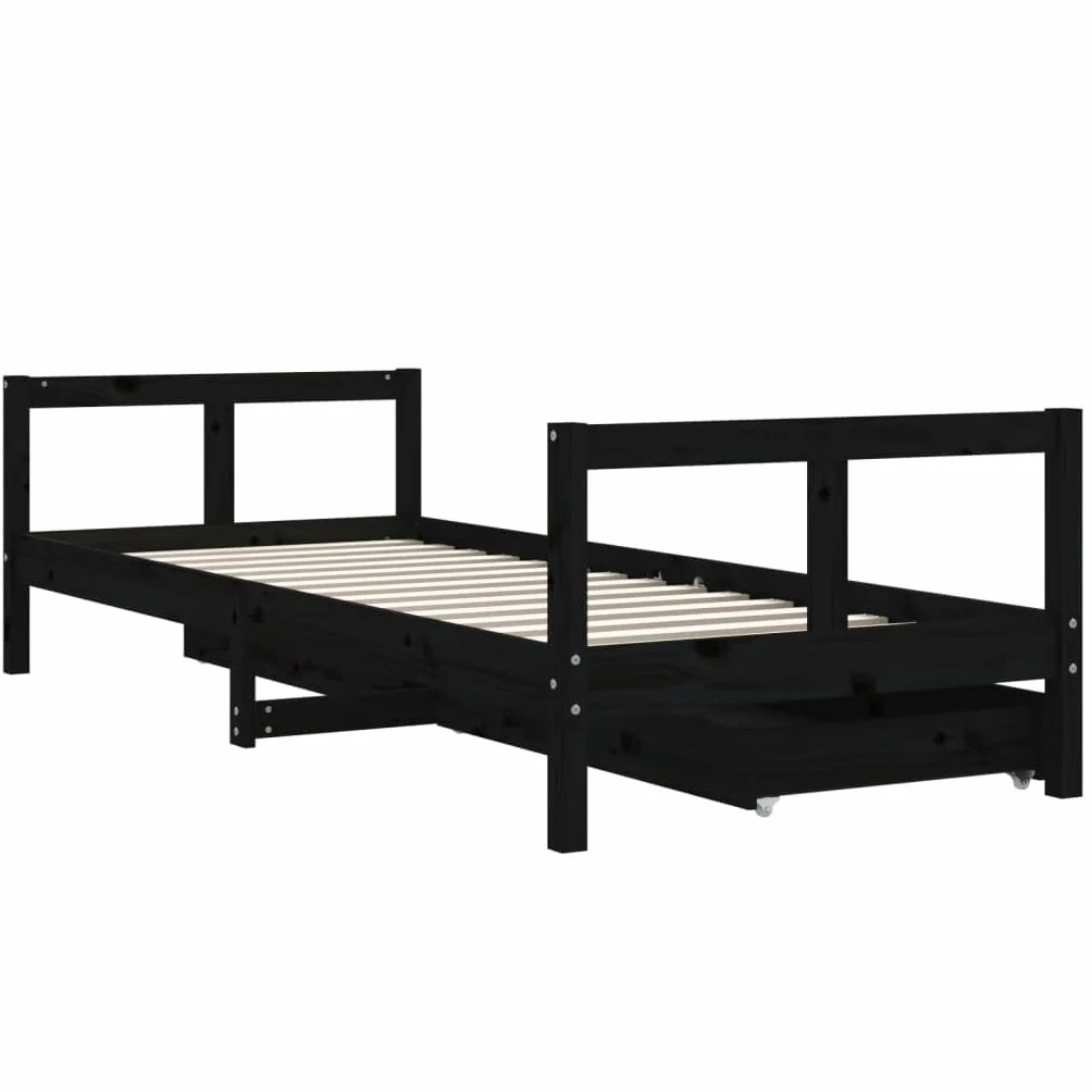 Łóżko dziecięce z szufladami, czarne, z litego drewna sosnowego, 80 x 200 cm, ze stelażem i skrzynią na pościel, łóżko dla dzieci od 4 lat, miejsce do przechowywania do pokoju dziecięcego