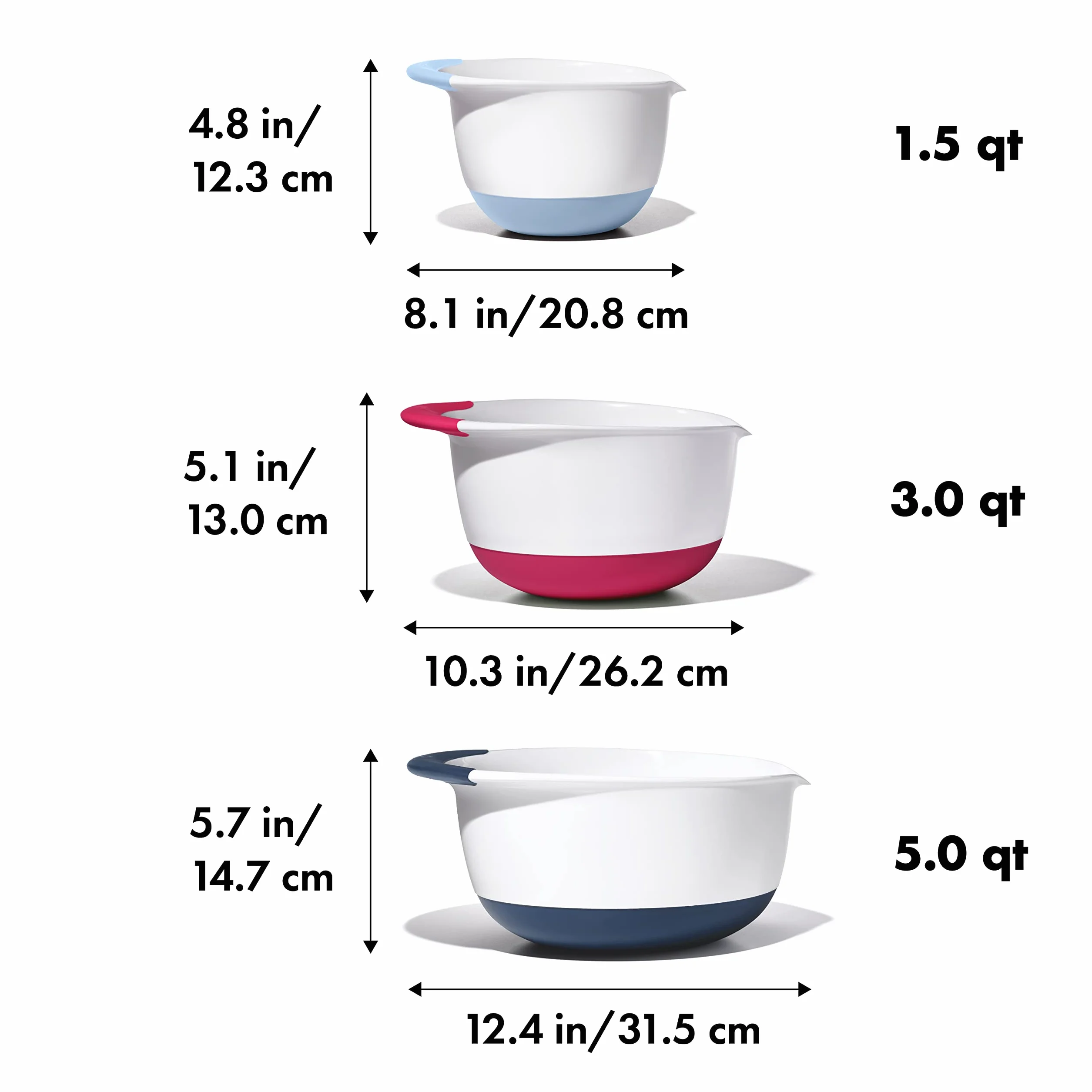 OXO, Plastikowe Good Grips 3-częściowy zestaw misek do mieszania – uchwyty jagodowe, dżemowe i seltzer, 4,7 litra, rozmiar L