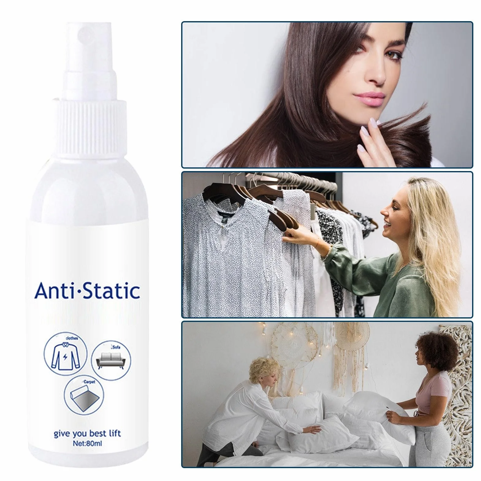 Spray statyczny, 80 ml, odświeżacz do tekstyliów, antystatyczny spray – natychmiastowy efekt wygładzania i płyn do płukania tkanin, dywanów i mebli o długotrwałym działaniu