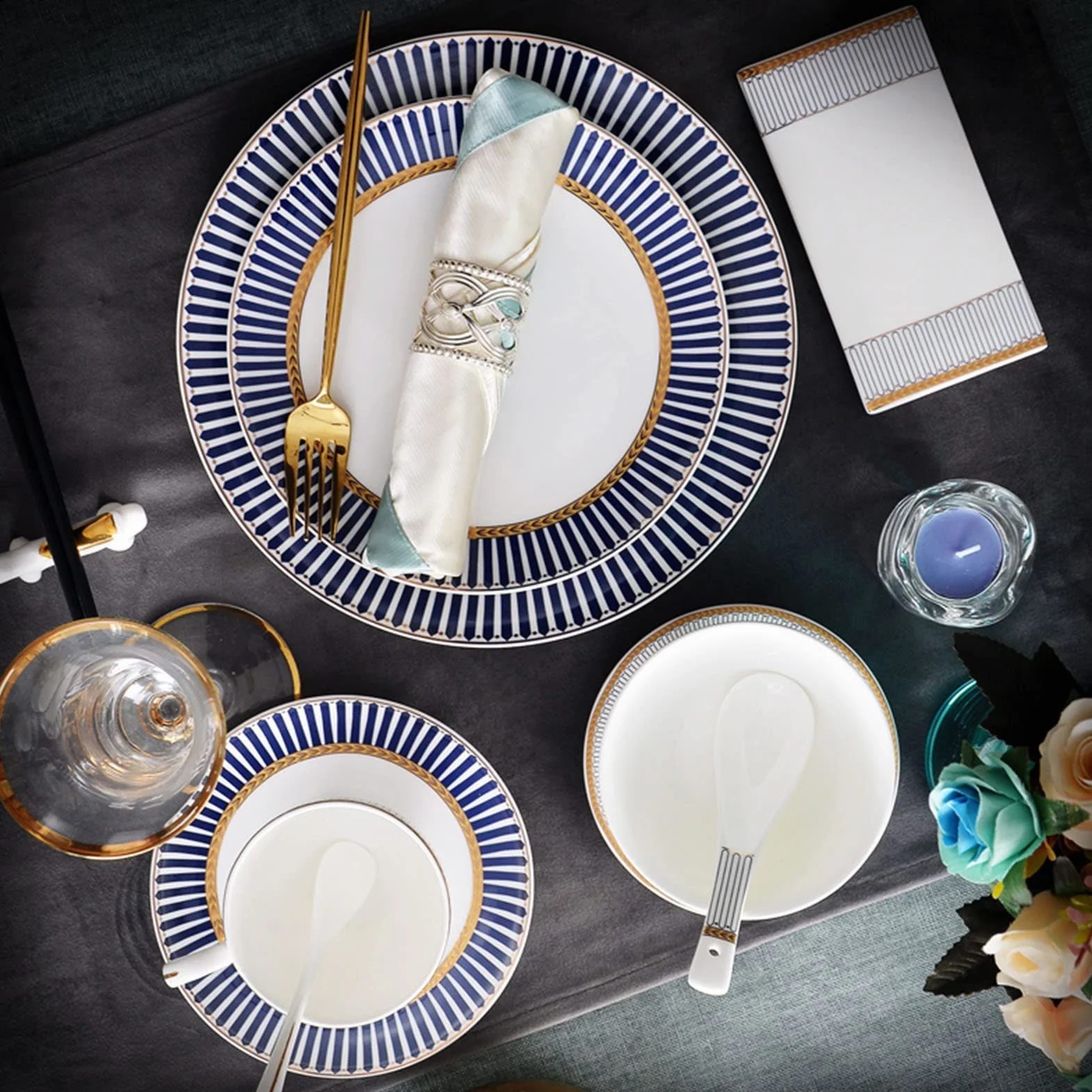 20-częściowy zestaw obiadowy z porcelany kostnej, zestaw porcelanowy, lekki zestaw talerzy i misek na 2 komplety obiadowe, zestaw zastawy stołowej