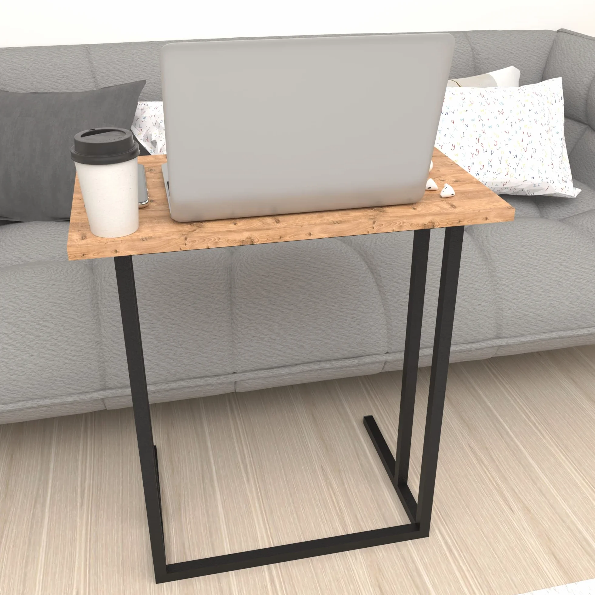 [en.casa] Stolik do laptopa Högsby stolik pomocniczy w kształcie litery C, stolik kawowy z metalowym stelażem, stolik do salonu, sypialni, stolik pod łóżko, dąb