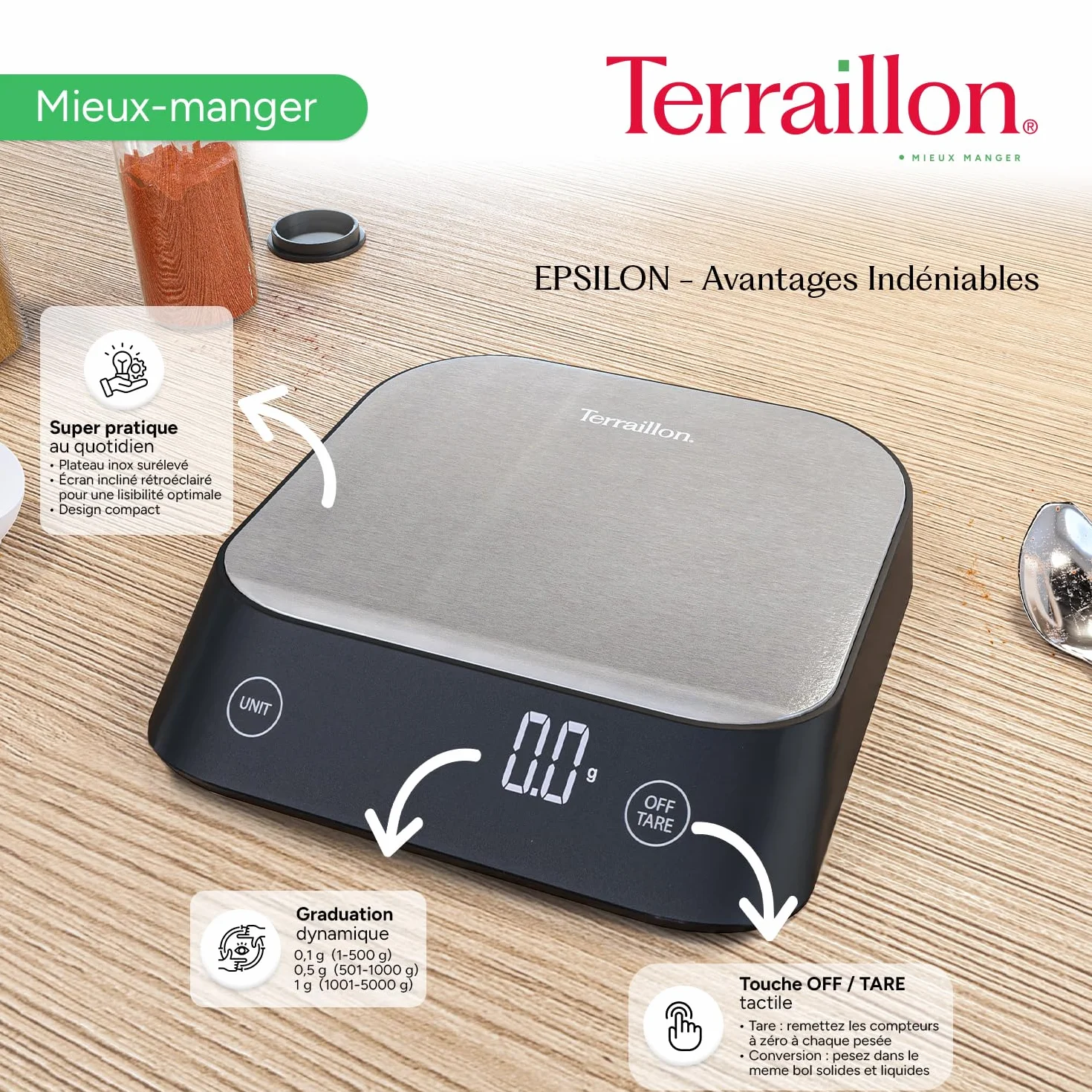 TERRAILLON - EPSILON - Precyzyjna elektroniczna waga kuchenna, kompaktowa, pojemność 5 kg, dynamiczna podziałka 0,1g-0,5g-1g, podświetlany wyświetlacz LCD, stal nierdzewna
