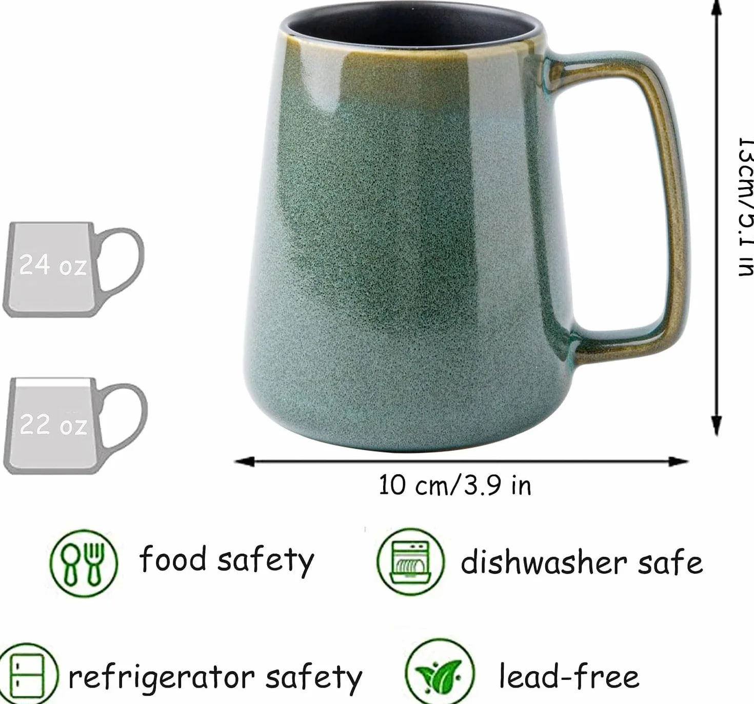 Ceramiczny kubek do kawy 24 uncji, duży kubek do kawy mlecznej filiżanka do herbaty gładka glazura kakao cappuccino mleko płatki, można myć w zmywarce Można używać w kuchence mikrofalowej (zielony)