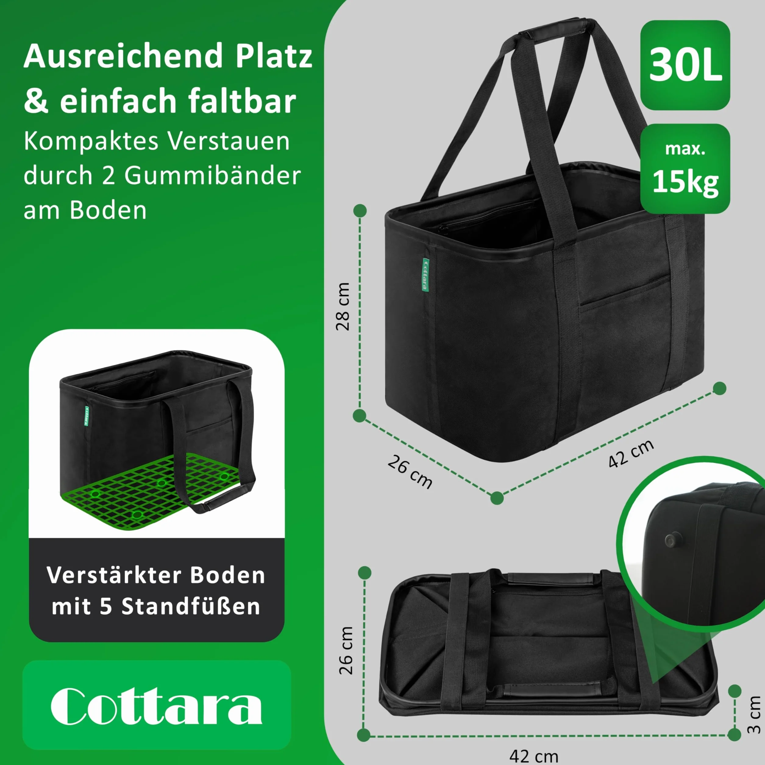 Cottara® Składana torba na zakupy, składana, ze wzmocnionym dnem i wygodnym uchwytem ze skóry PU, idealna jako składany koszyk na zakupy, torba do noszenia lub torba na zakupy, czarna, 30 l