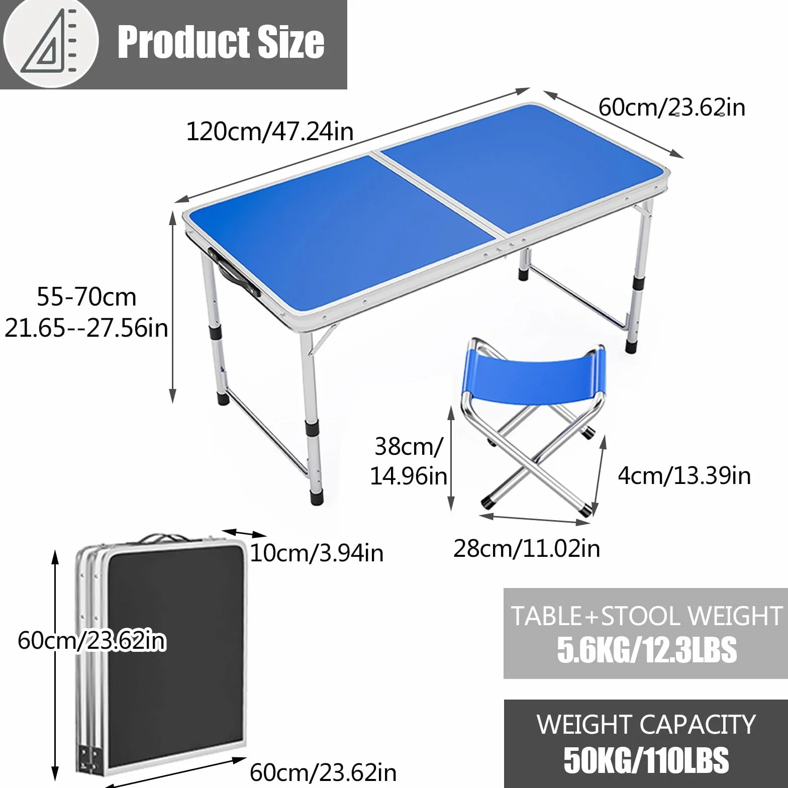 Aluminiowy składany stół o regulowanej wysokości, przenośny stół kempingowy z uchwytem na imprezę biurową, piknik, ślub, szary, 120 x 60 cm + 4 stołki