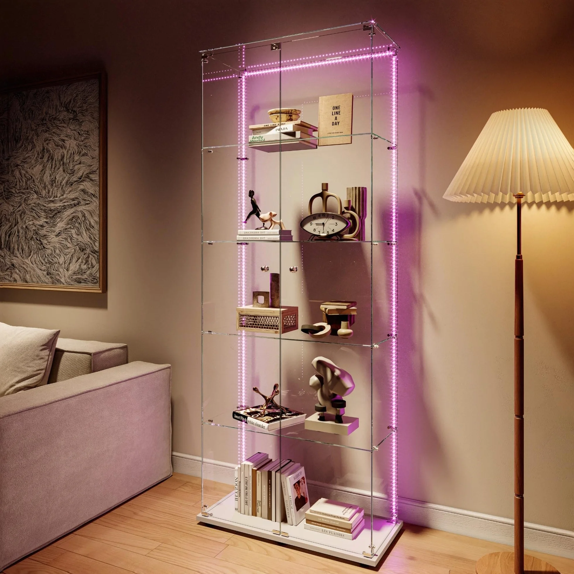 Szklana witryna stojąca, czarna, z oświetleniem LED, 5-poziomowa 186,5 x 34,5 x 78,5 cm, bezramowa, pełna widoczność, szklane półki z regulacją wysokości, szafka z witryną do salonu, biura,biały B
