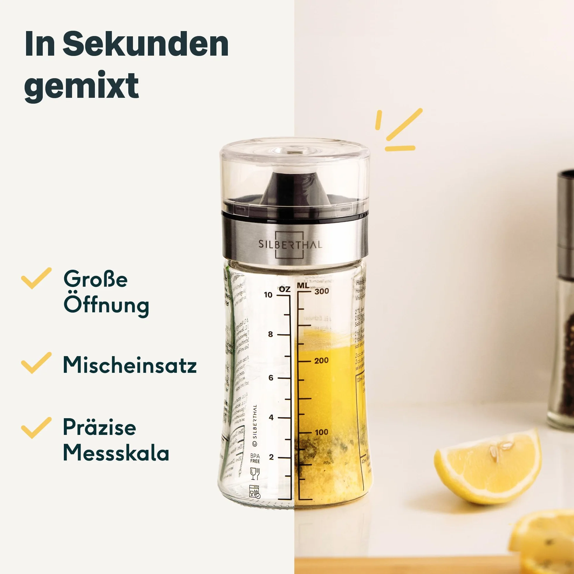 SILBERTHAL Mały shaker do dressingów ze szkła z przepisami kulinarnymi – 350 ml – nadaje się do mycia w zmywarce – nowa pokrywka i nowe przepisy