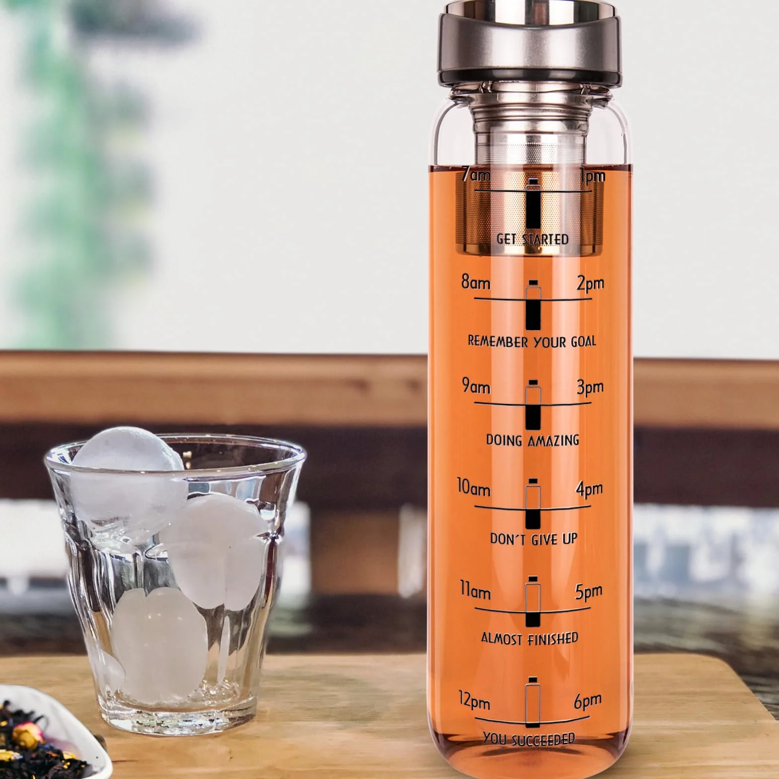 1 l / 1000 ml szklana butelka na wodę ze znacznikami czasu, 1 litrowa butelka do picia herbaty z zaparzaczem ze stali nierdzewnej, luźna herbata liściasta, kawa na zimno