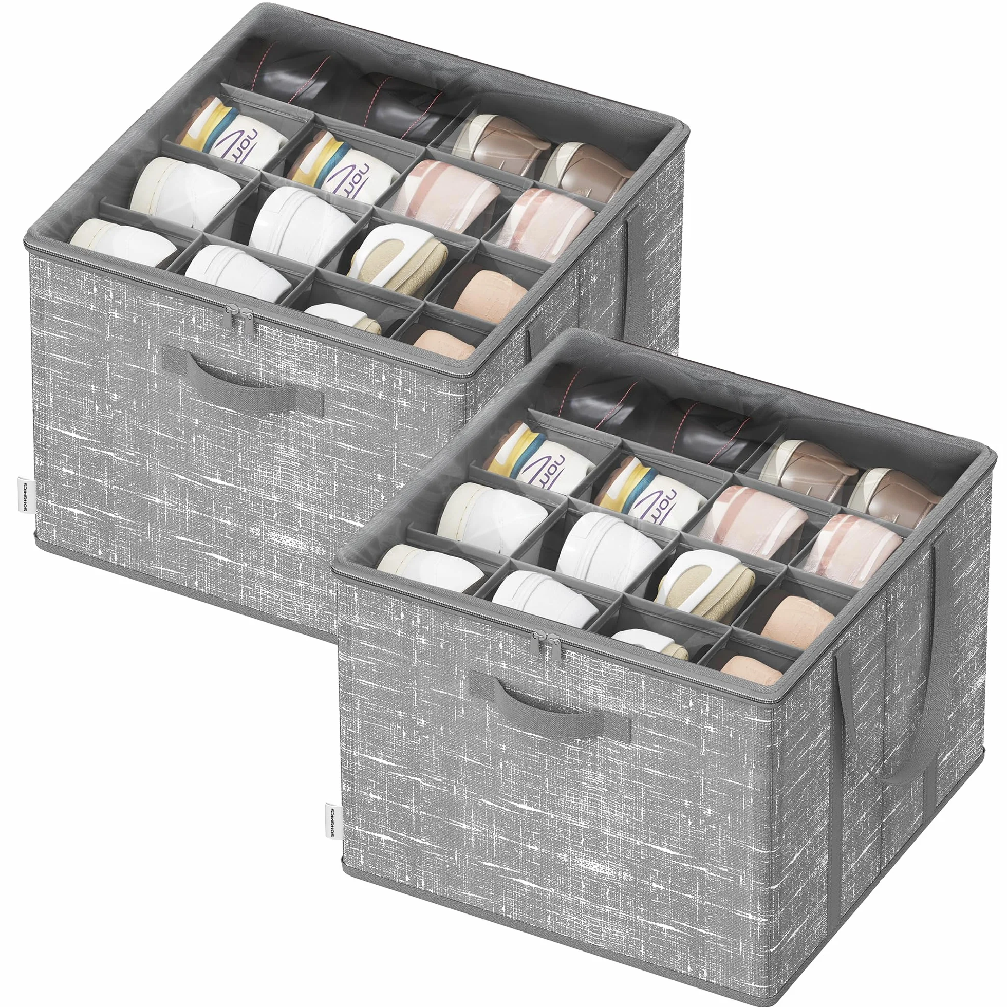 SONGMICS Organizer na buty, zestaw 2 szt., każdy na maksymalnie 16 par, pudełko do przechowywania butów, uchwyty, przezroczysta pokrywa, do sypialni, przedpokoju, garderoby, Rush Grey LSP602G01