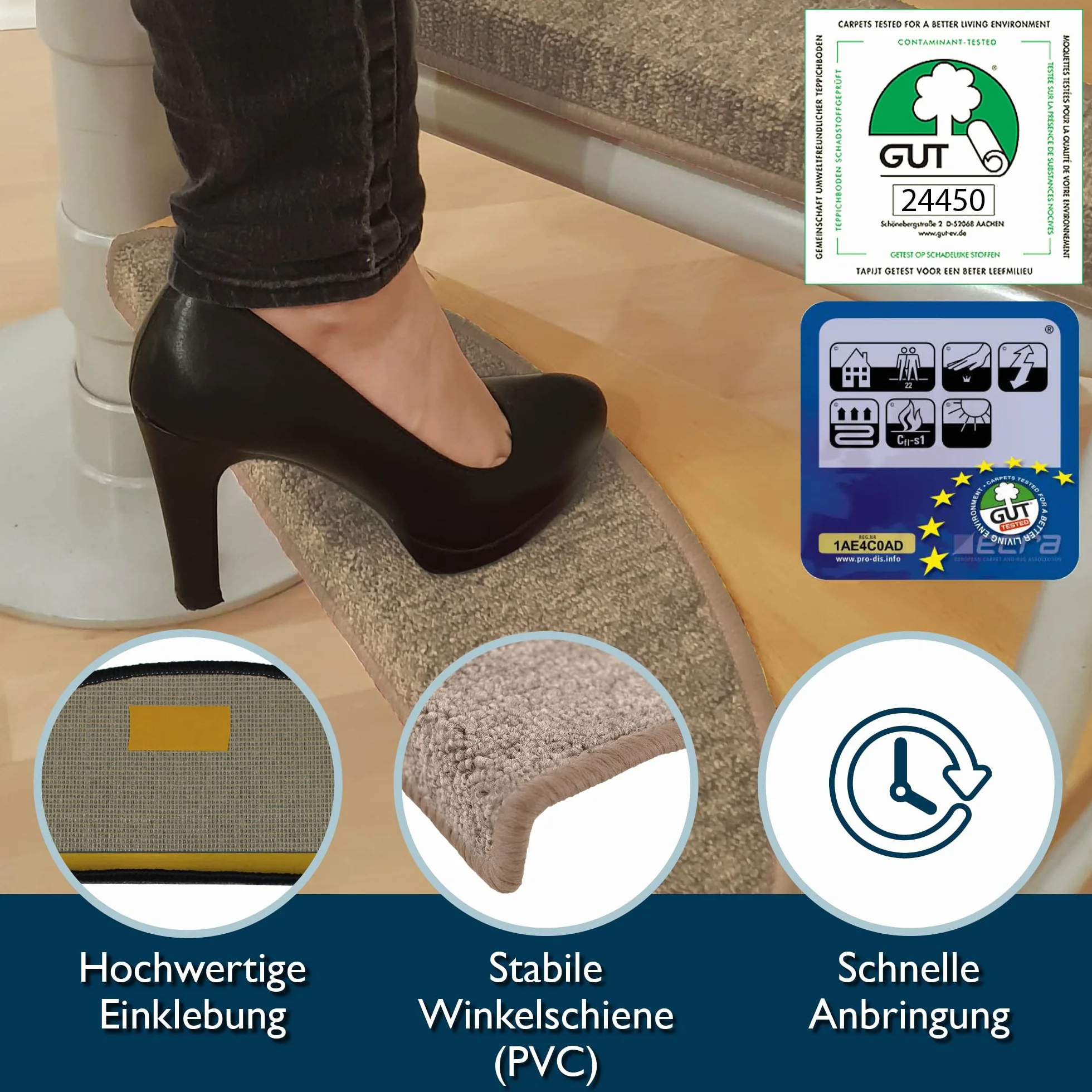 Beautissu Maty na schody 55x15 cm – 15 sztuk Wąskie schody Maty na stopnie Samoprzylepne Wewnętrzne Maty na schody Maty na stopnie Dywan Schodowa dywanka Półokrągła Piasek – ProStair