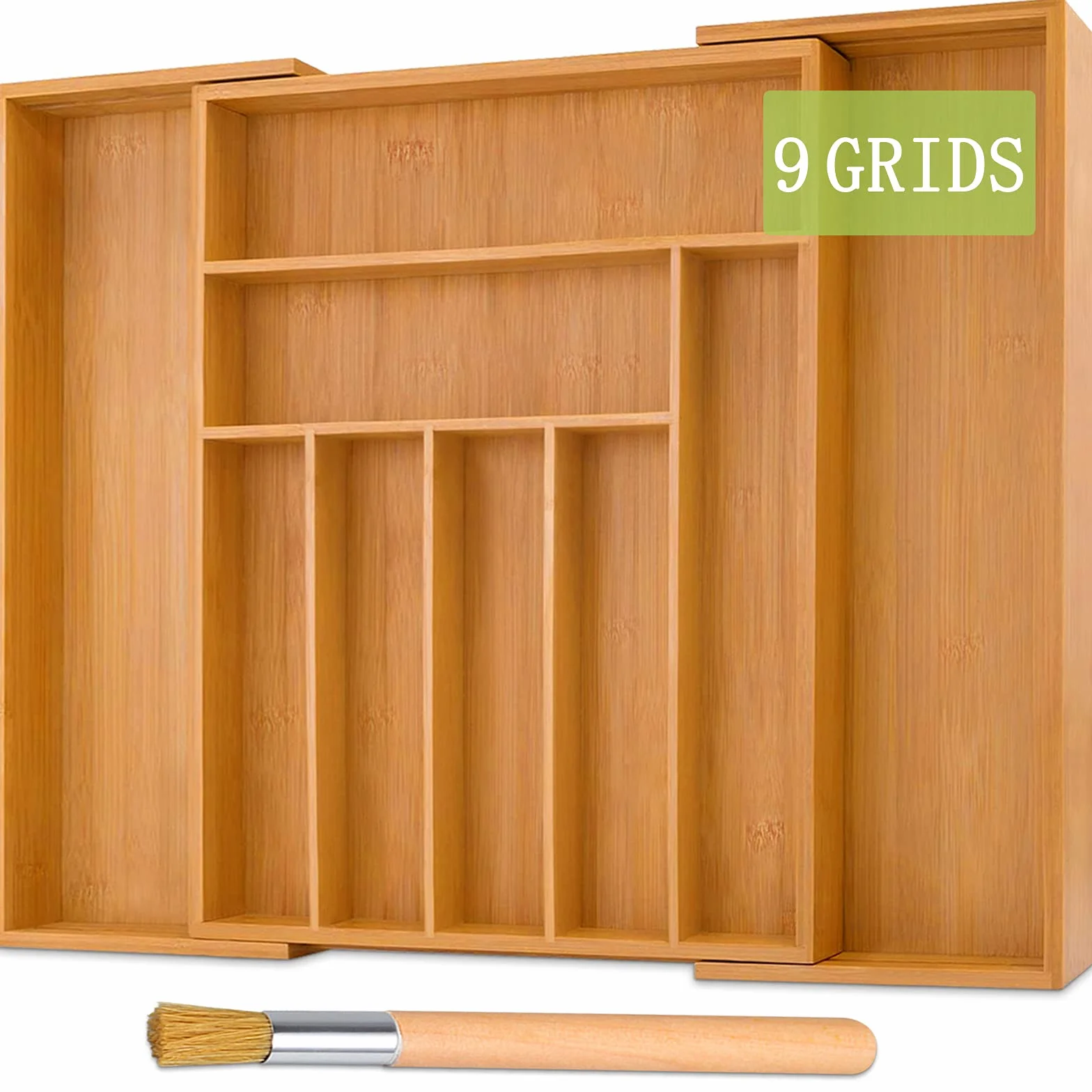 Pojemnik na sztućce, 7–9 przegródek + 1 szczotka do czyszczenia, regulowana szerokość 32–52 cm, do szuflad kuchennych, salonu, szuflady biurowej itp