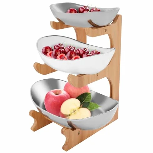 3-poziomowy bambusowy zestaw misek na owoce, dekoracyjny ceramiczny uchwyt na przekąski na blat kuchenny, wielofunkcyjny wyświetlacz na orzechy, ciastka, desery i owoce