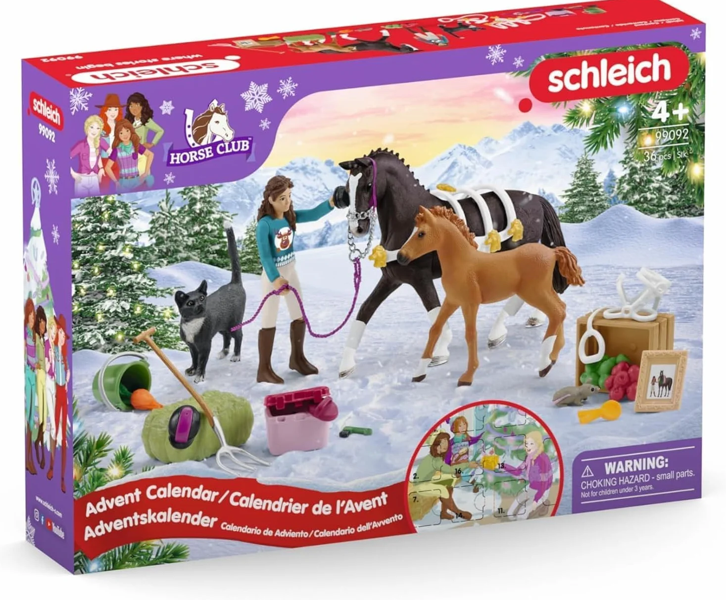 schleich HORSE CLUB | Kalendarz adwentowy HORSE CLUB 2025 – 99092 | z ruchomą figurką Lisy, 2 końmi, kotem, uzdą i wieloma akcesoriami | idealny prezent dla dzieci od 5 lat | 36 elementów