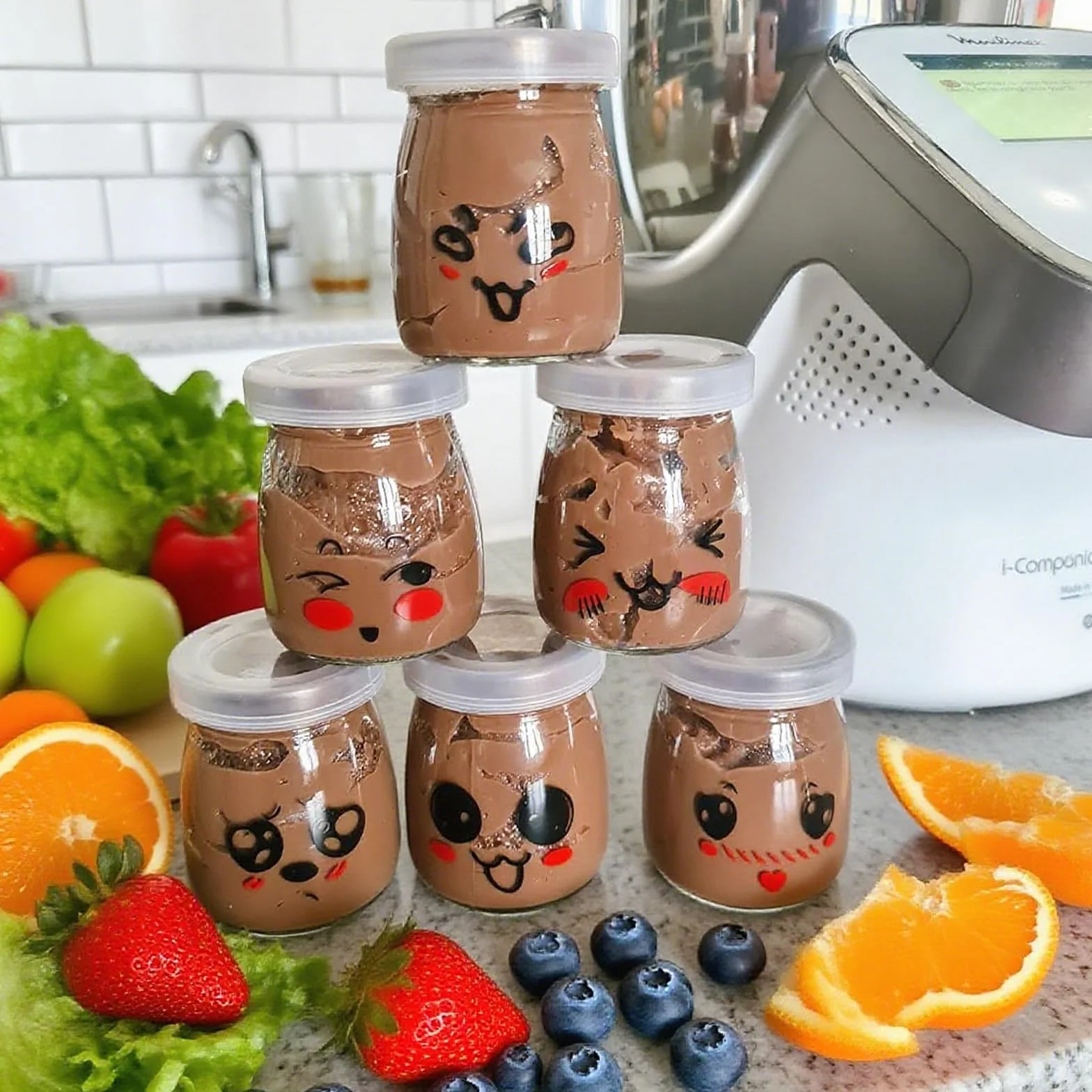 10 pustych słoików na jogurt, szklany słoik na jogurt z hermetyczną pokrywką, mały słoik na jogurt z emotikonem do multicookera Thermomix/cookeo, jogurt domowy (100 ml)