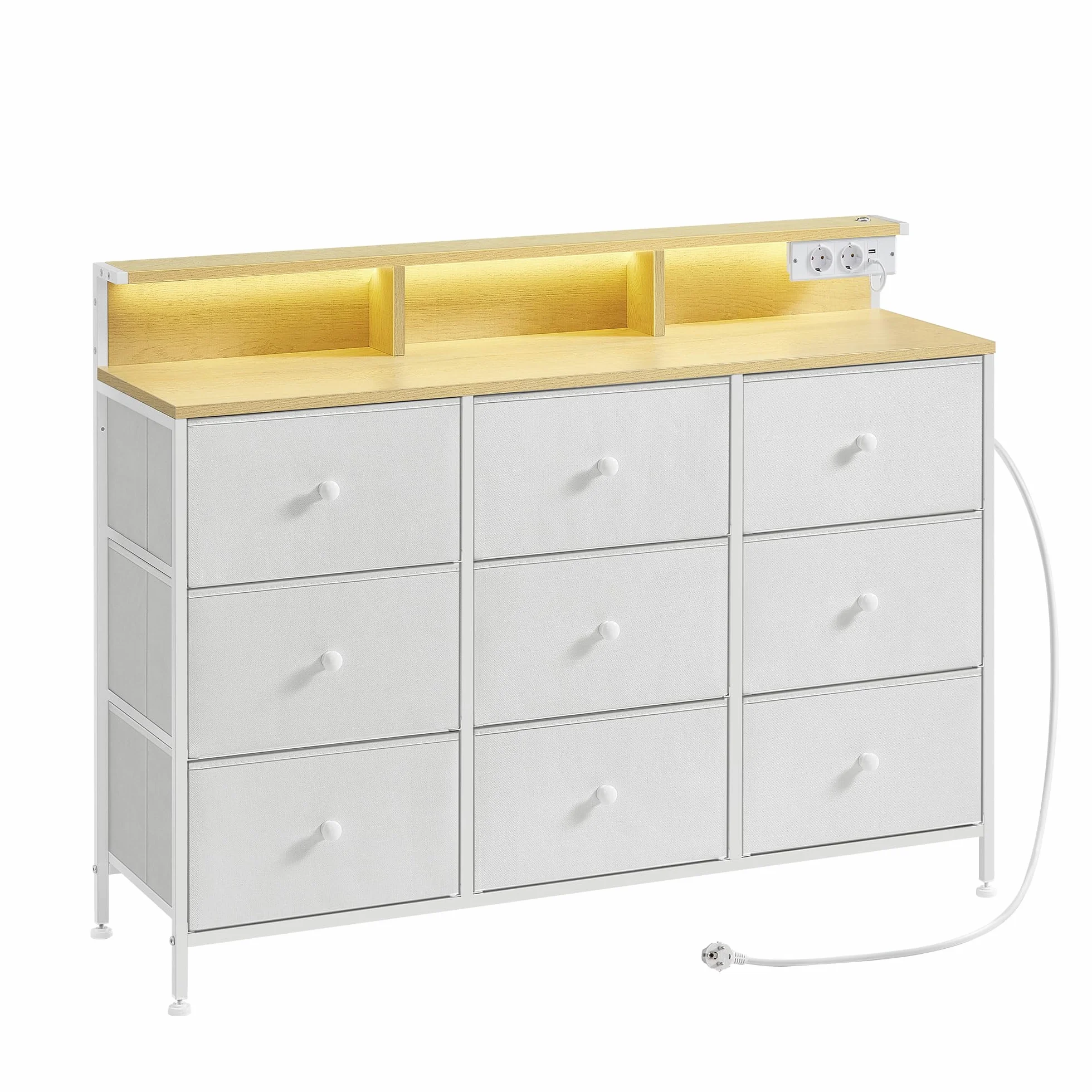 SONGMICS Komoda z 9 szufladami i oświetleniem LED, stalowa rama, 33,5 x 114 x 84 cm, biała LTS519W02