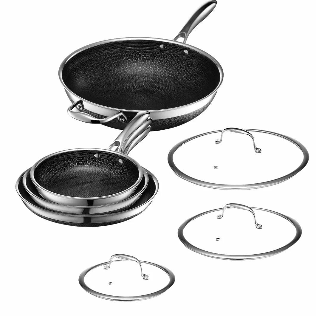HexClad 7-teiliges Hybrid-Edelstahl-Kochgeschirr-Set mit Deckel und Wok - Metallbesteck und spülmaschinenfest, induktionsgeeignet, PFOA-frei, leicht zu reinigen, antihaftbeschichtete Bratpfanne mit Abdeckungen