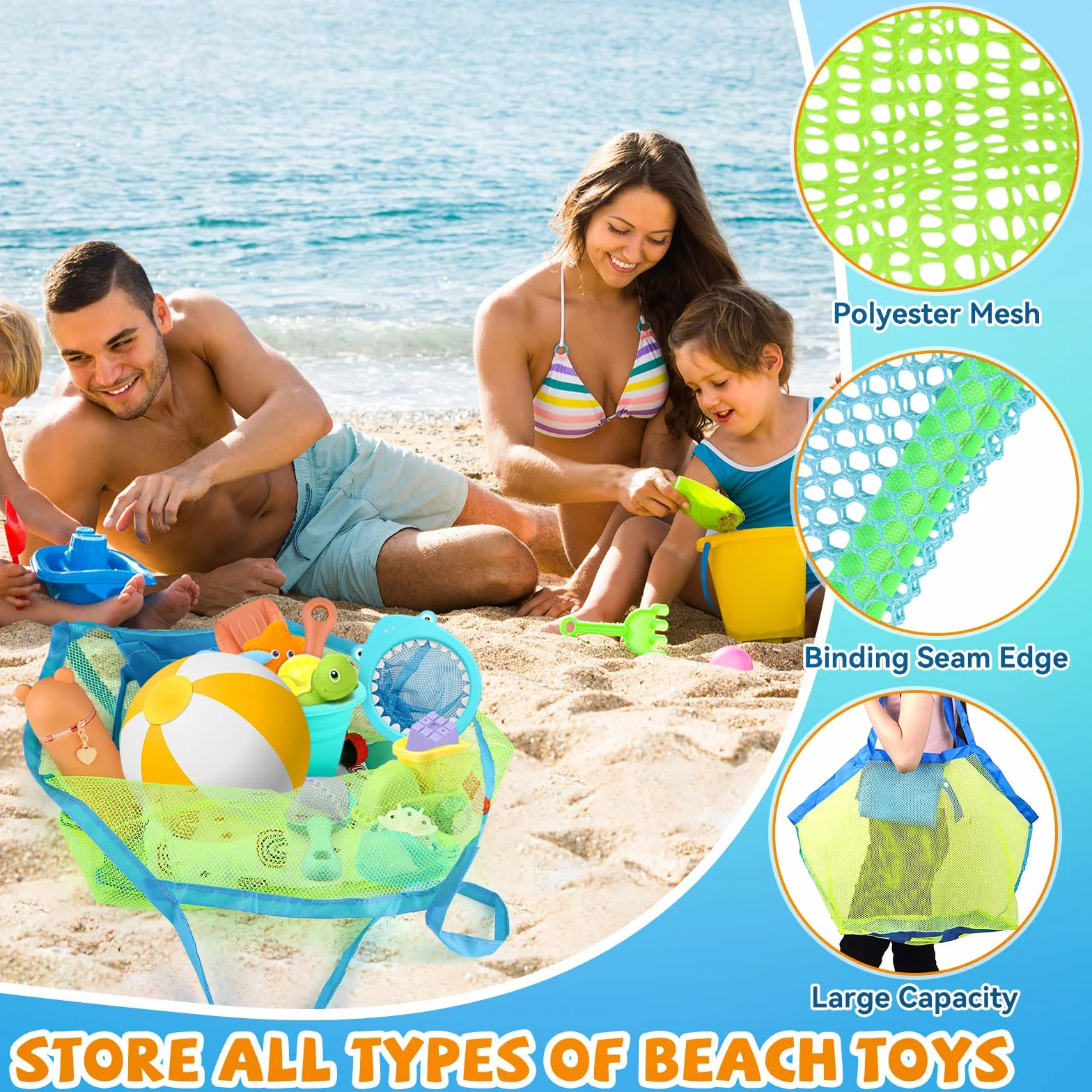 Torba na zabawki plażowe, duża, składana, wielokrotnego użytku, torba z siatki, na piasek, torba plażowa, torba siatkowa, na plażę, piknik, basen, worek na pranie, rodzinny urlop