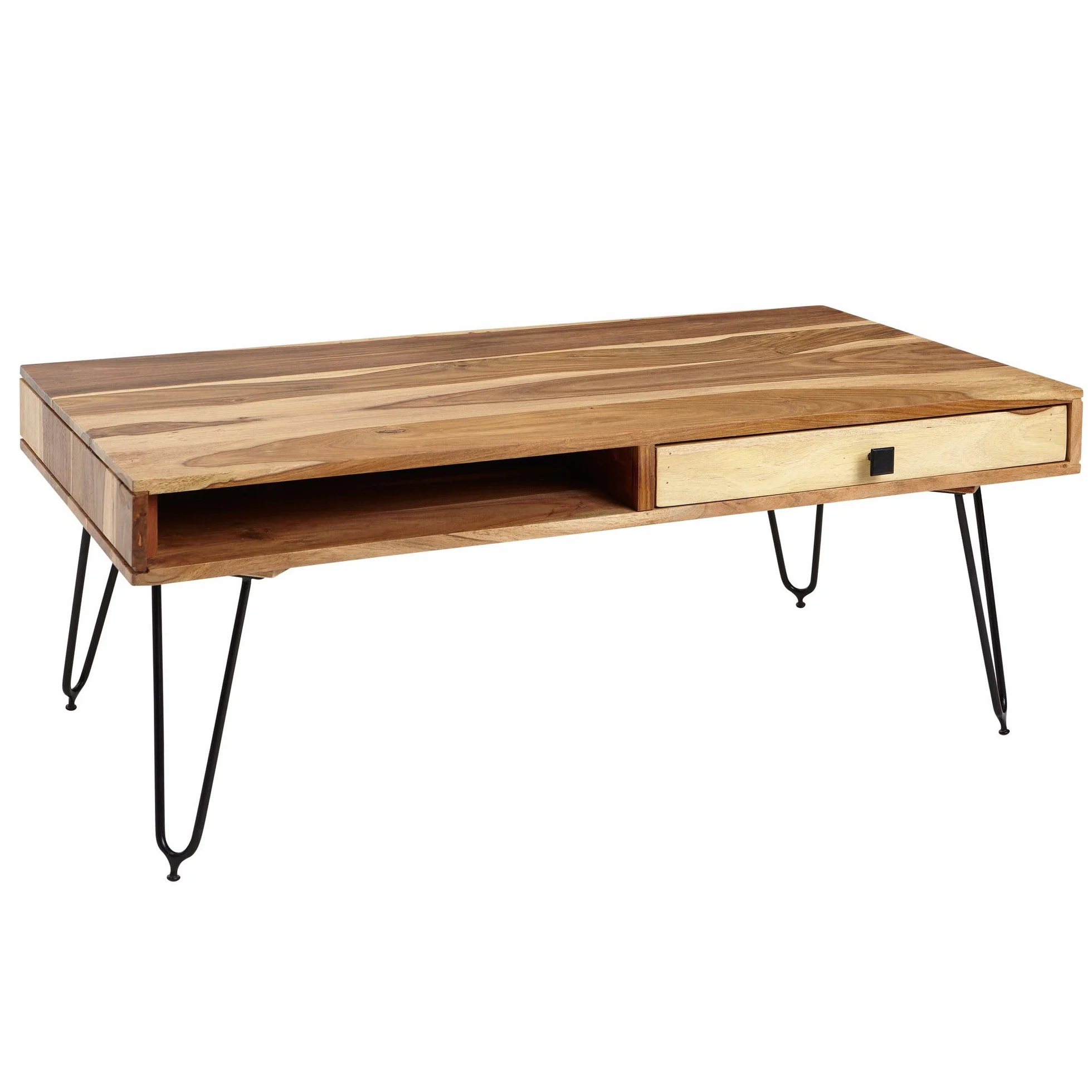 FineBuy stolik kawowy z litego drewna akacjowego, szerokość 117 cm, do salonu, metalowe nogi, styl dworkowy, stolik pomocniczy, produkt naturalny, meble do salonu, unikat, nowoczesne meble z litego drewna, prostokątne