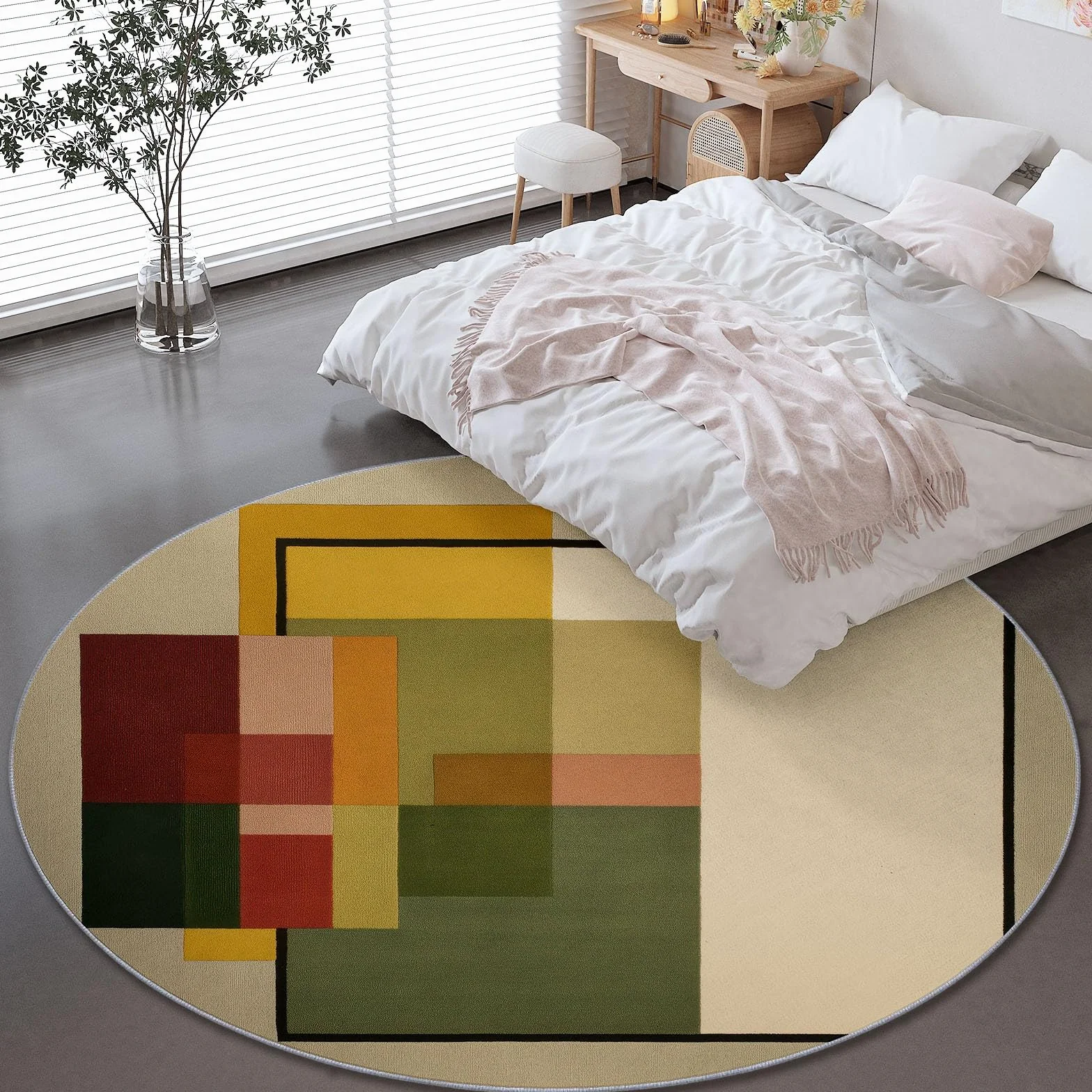Okrągły dywan 150 cm miękki flanelowy dywan, nowoczesny minimalistyczny w kratkę okrągły kolor klocki salon sypialnia drukowana antypoślizgowa dekoracja wnętrz dywan, beżowy