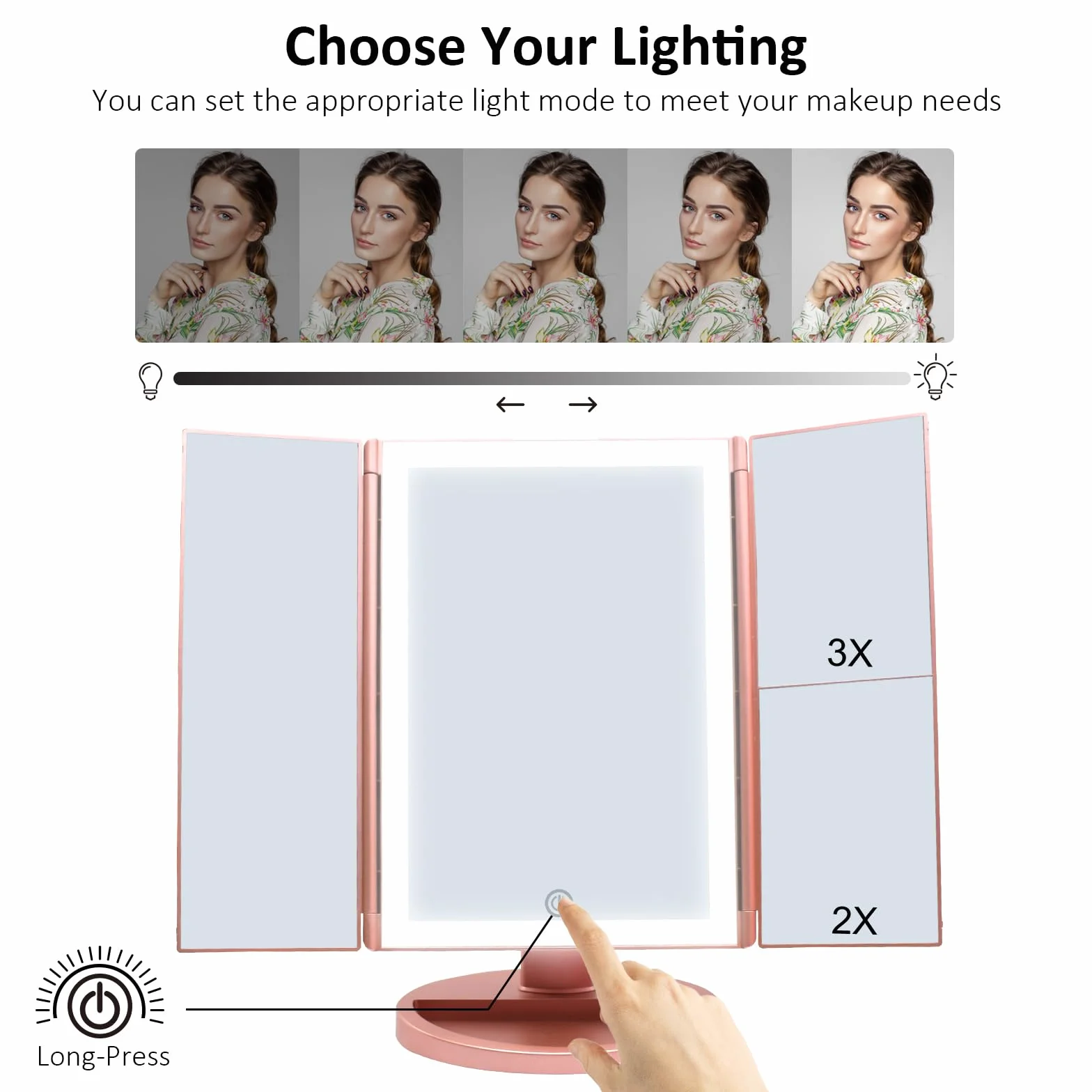 WEILY Lustro do makijażu ze światłami, lusterko powiększające z 1X/2X/3X, Tri-Fold lusterko do makijażu z ekranem dotykowym, lustro stołowe z obsługą USB i baterią (różowe złoto)
