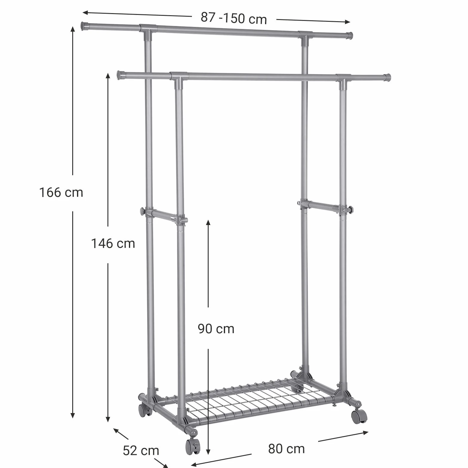 SONGMICS Wieszak na kółkach podwójnym drążkiem 70 kg (87-150)x52x166 cm szary LLR13GY