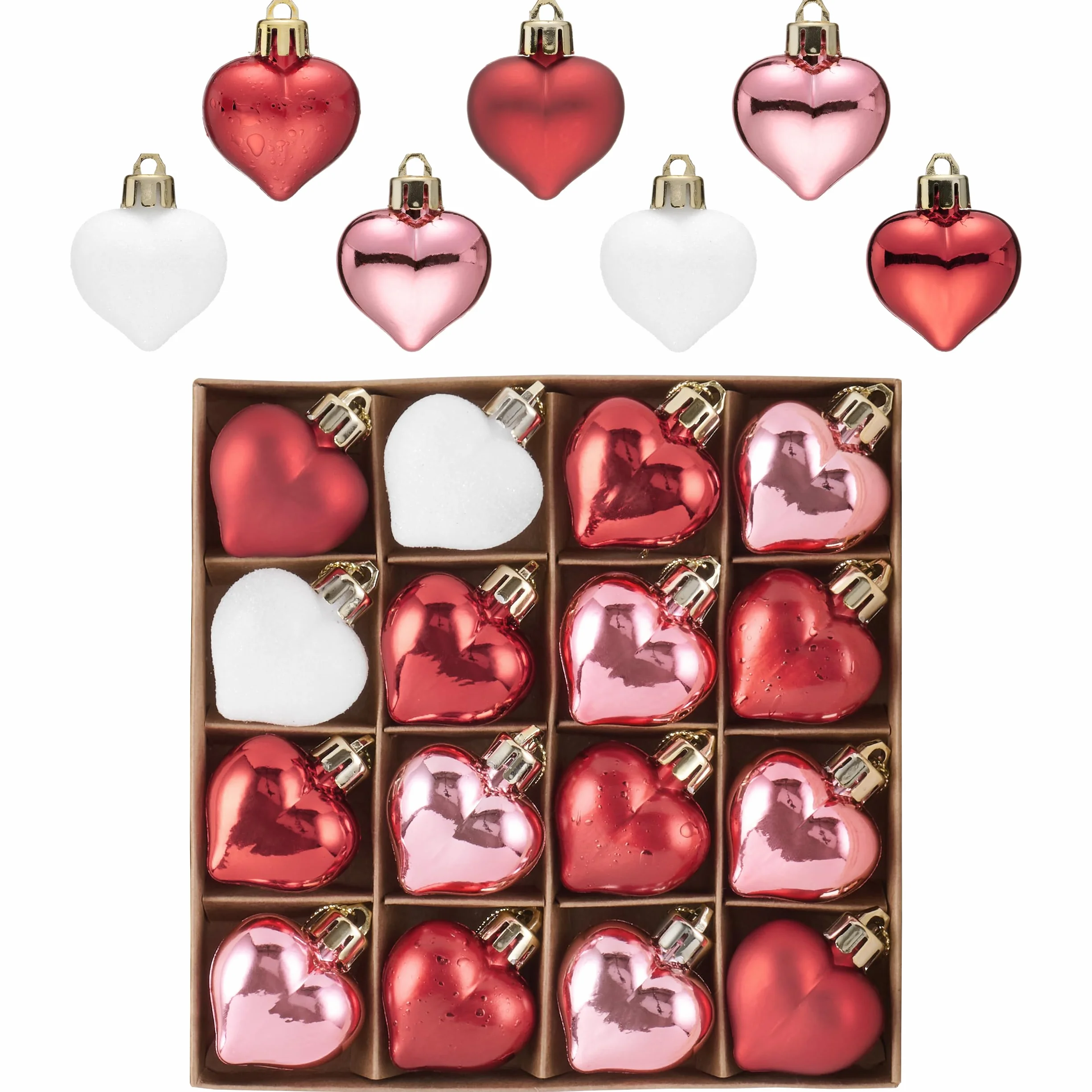 Valery Madelyn 16 szt. walentynkowe dekoracje choinkowe, bombka w kształcie serca, czerwona różowa biała wiele wykończeń nietłukące się bombki w kształcie serca wiszące na prezent, dekoracja domu 4 cm