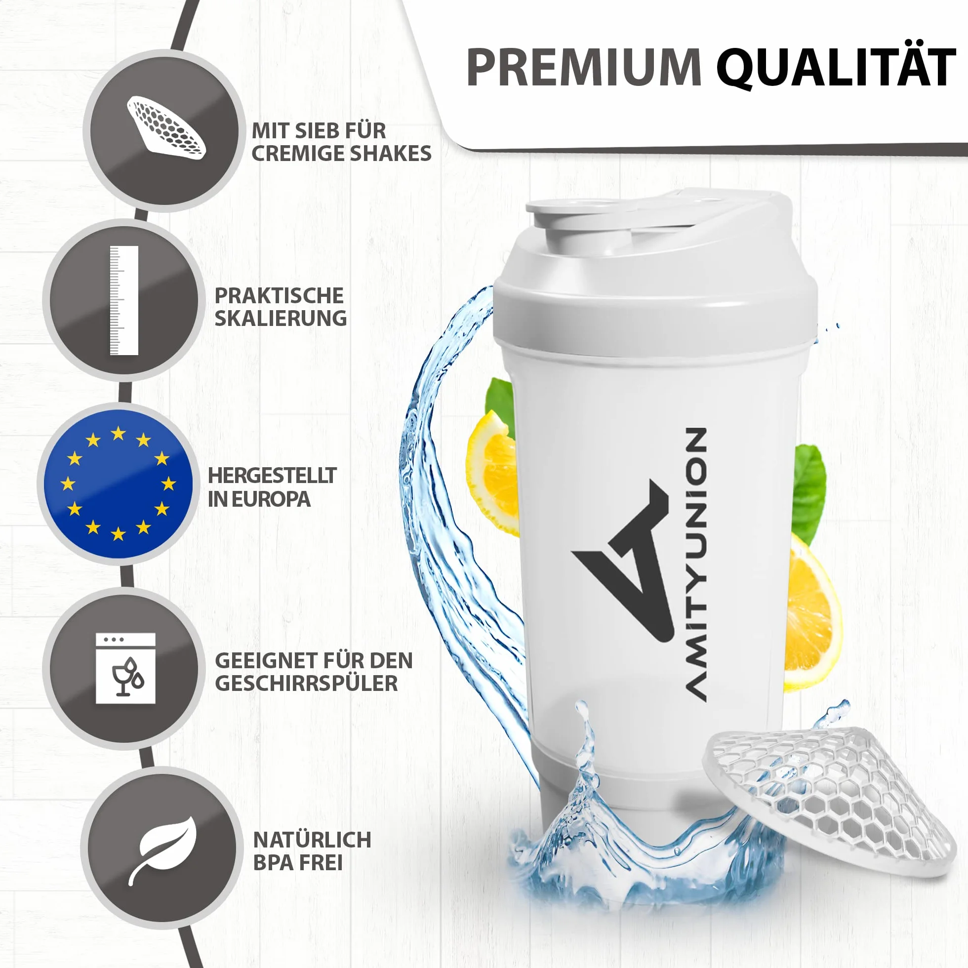 Shaker proteinowy FYRA 700 ml z pojemnikiem - shaker proteinowy bez BPA z sitkiem i skalą do shake'ów serwatkowych i BCCA, siłownia kubek fitness izolat dieta sport, (Biały)