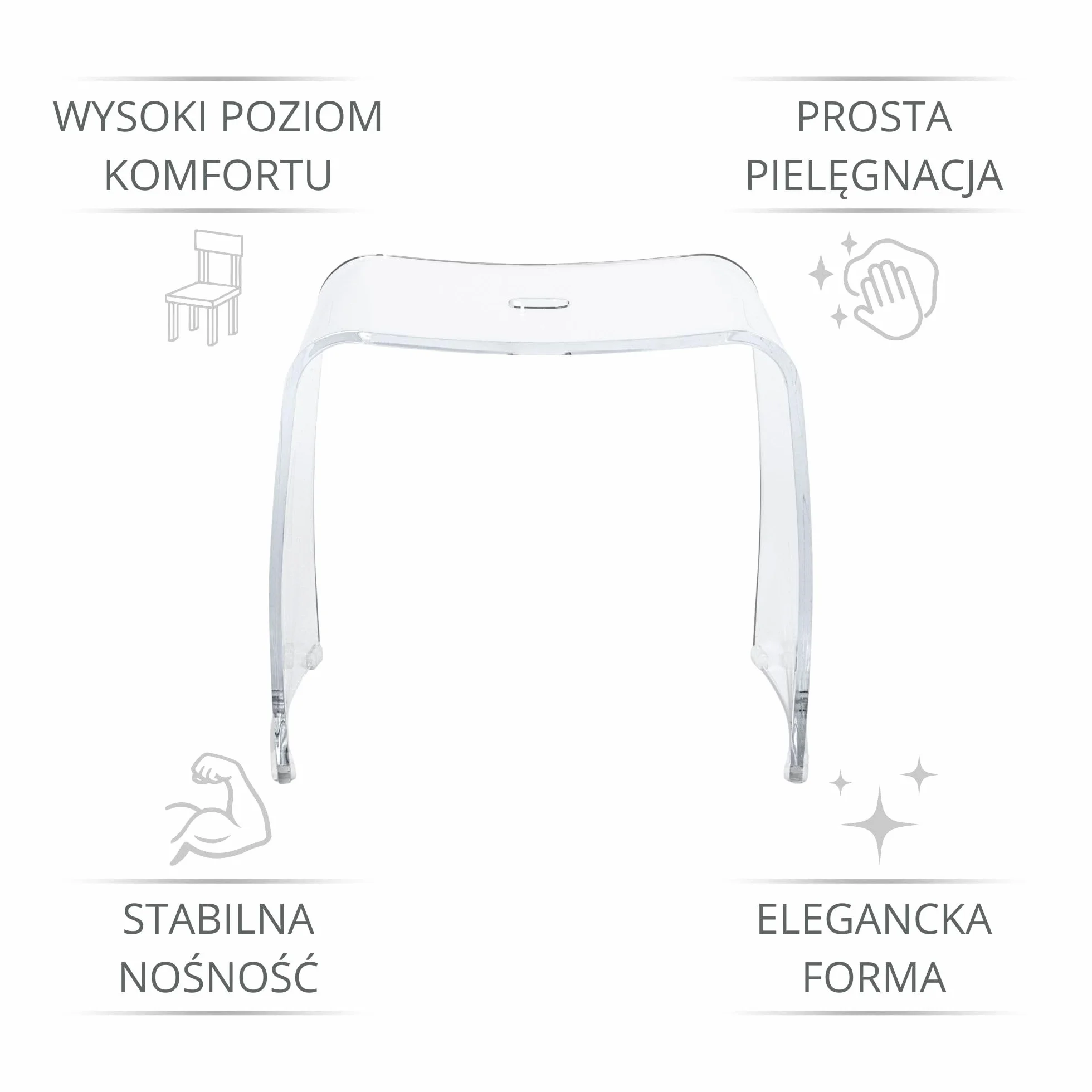 Stołek Łazienkowy Meran XL – Przezroczysty Taboret Akrylowy z Bardzo Dużym Siedziskiem – Nowoczesny Stołek Prysznicowy z Uchwytem i Gumowymi Nóżkami (do 180 kg)
