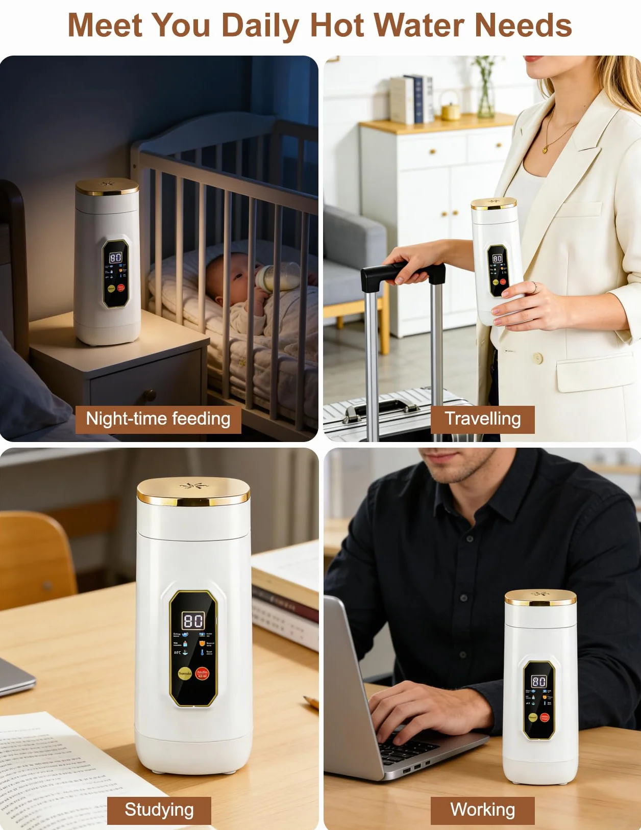 Mały Czajnik Podróżny, 450 ML Mini Czajnik z 6 Ustawieniami Temperatury Wyświetlacz LED Temperatury w Czasie Rzeczywistym Przenośny Czajnik Elektryczny do Herbaty, Mleka dla Niemowląt, Kawy
