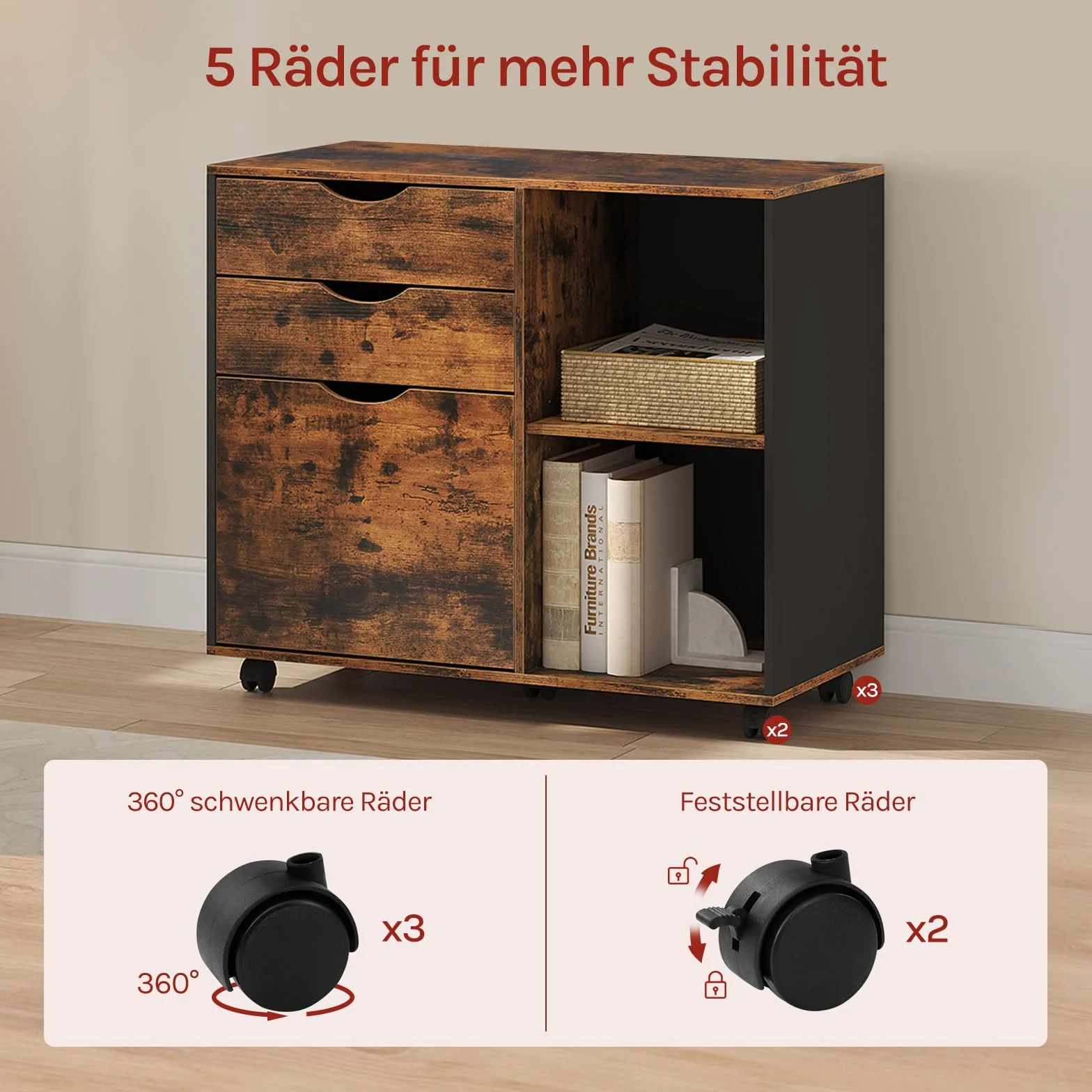 WOLTU Mobilny segregator z 3 szufladami, 2 otwarte półki i drążek wiszący | 5 kółek, do teczek i A4, 80 x 39,5 x 69,5 cm, rustykalny brąz