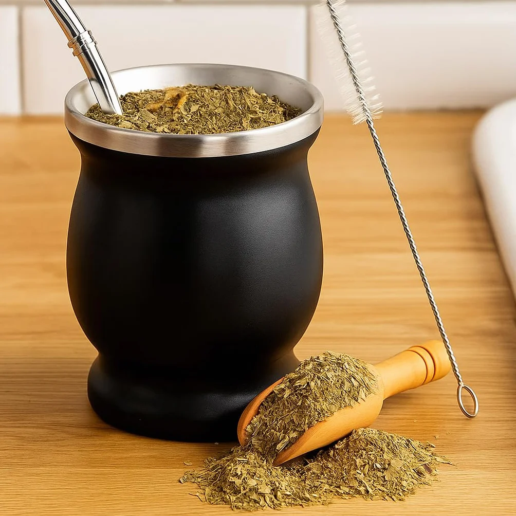 Mate zestaw kubków do herbaty, ze szczotką do czyszczenia i słomką Mate, czarny