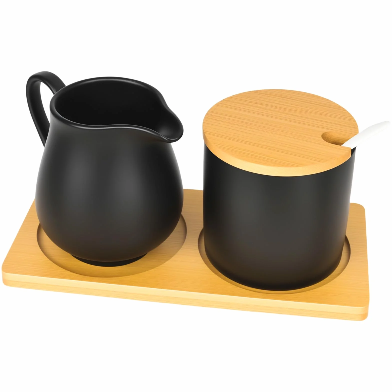 Zestaw do mleka i cukru z pokrywką i łyżeczką, dzbanek na mleko czarny ceramiczny i cukiernica z drewnianą tacą, dzbanek na mleko można myć w zmywarce i używać w kuchence mikrofalowej