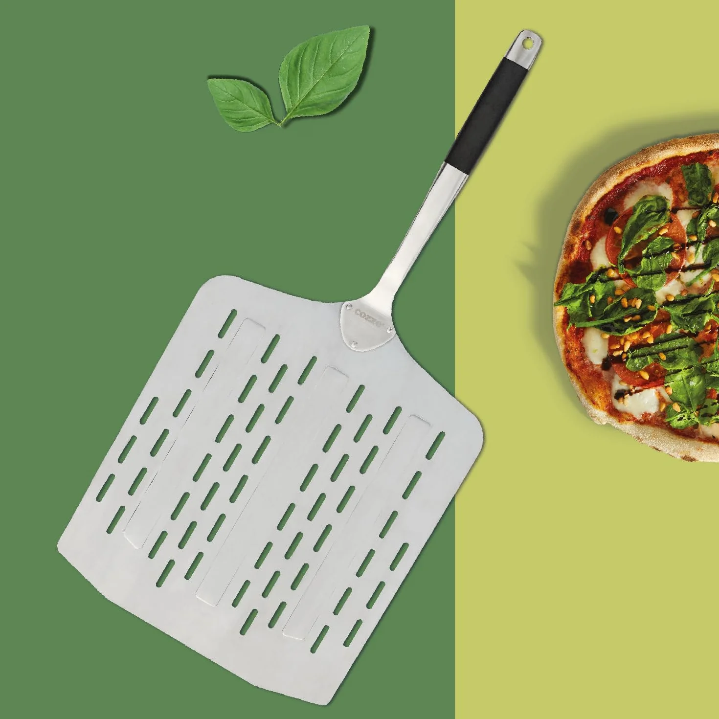 Cozze® lekka perforowana łopatka do pizzy 76 cm – 35x40 cm – aluminiowe ostrze 1,5 mm – uchwyt softgrip (stal nierdzewna/tworzywo) – mniej przypalonej mąki – skórzana pętelka – certyfikat LFGB