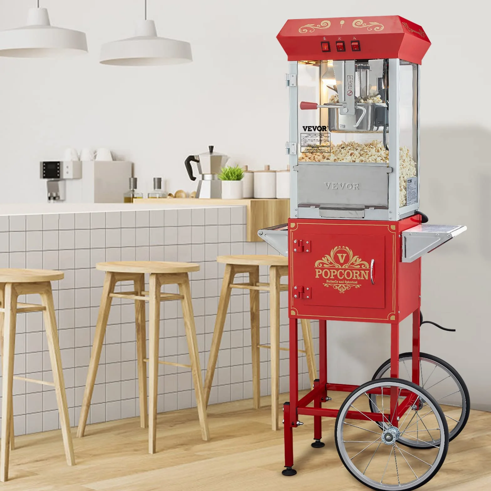VEVOR Maszyna do popcornu z wózkiem 850 W, czajnik elektryczny do popcornu 0,22 kg na 48 filiżanek partii, maszyna do popcornu ze szkłem hartowanym, zawiera 4 miarki, styl kinowy