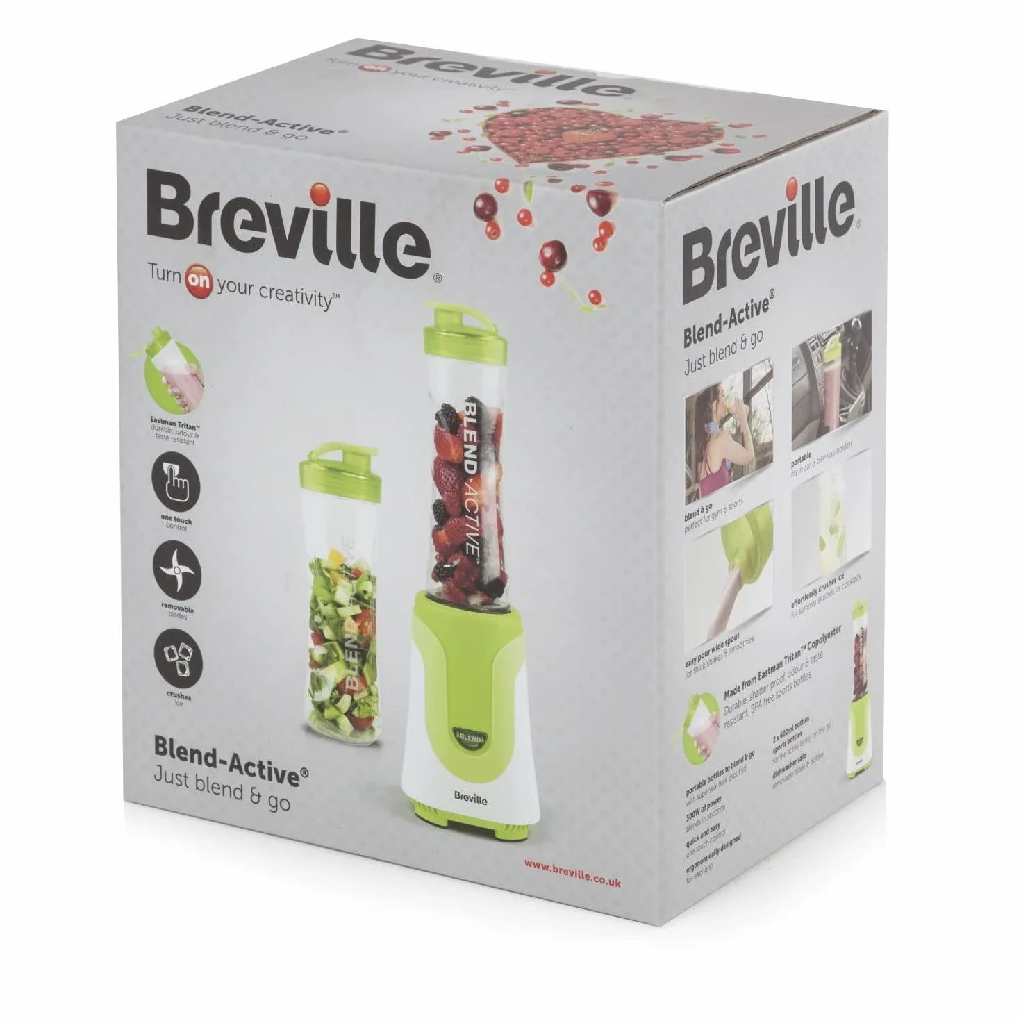 Breville Blend Active VBL062 mikser stojący i urządzenie do smoothie, 2 przenośne butelki do miksowania (600 ml), 300 W, zielony