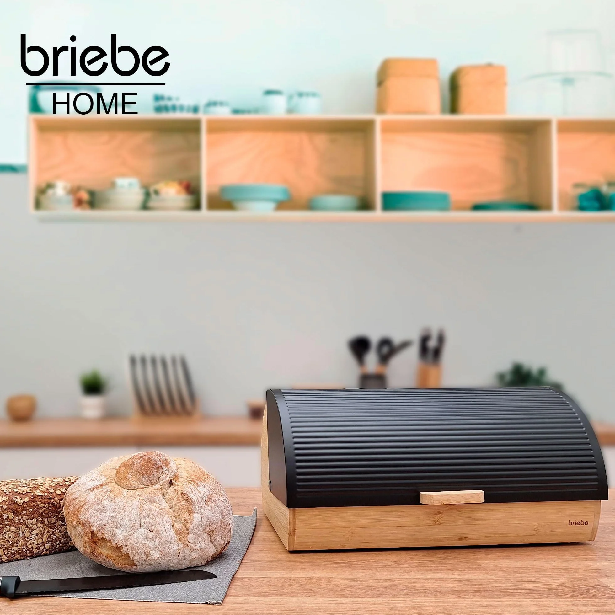 briebe Nordic chlebak do przechowywania chleba stołowego, drewno bambusowe, przesuwana pokrywa, pojemnik na chleb i wypieki, nowoczesny nordycki design, czarny