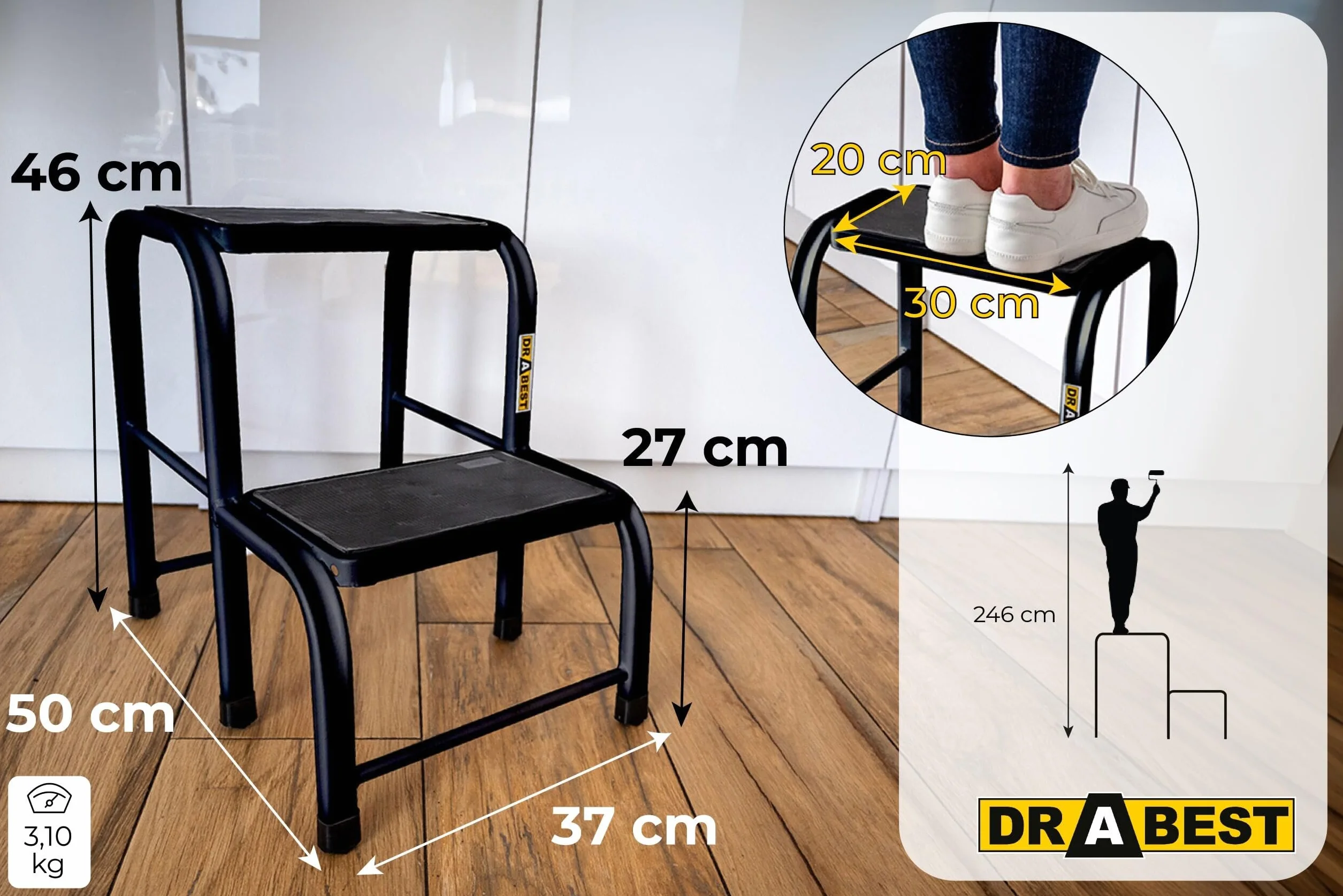 Drabest - stołek - podest czarny - antypoślizgowe nóżki, solidna stal, duża i wygodna platforma robocza - nośność do 150 kg - drabina, stopień, stołek - 2 stopnie