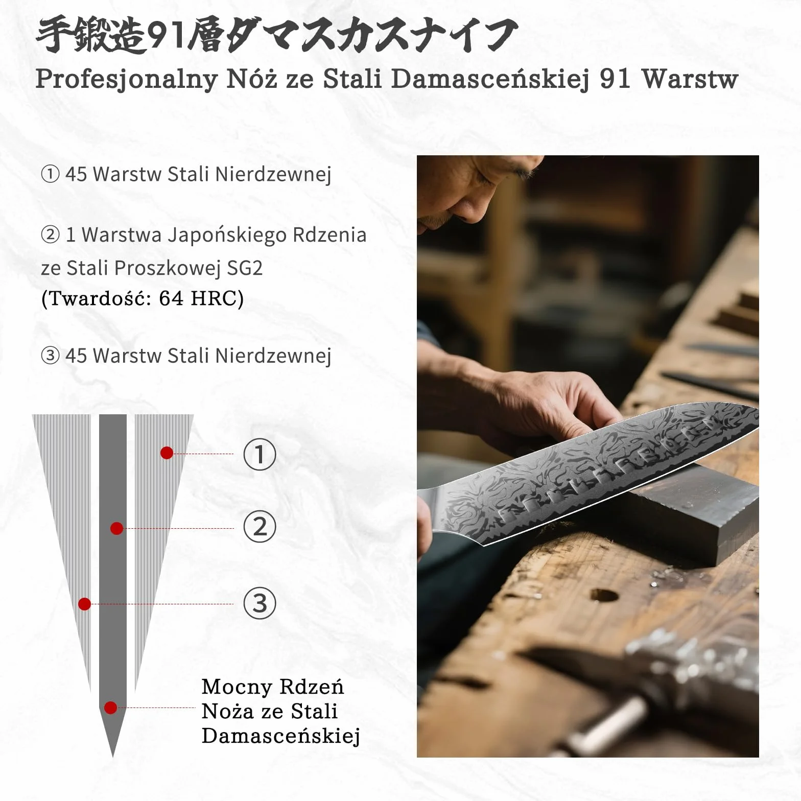 SHAN ZU Damascus Santoku-mes, 18 cm Japans keukenmes, gemaakt van 91 lagen damaststaal en SG2-poederstaal, handgesmeed professioneel koksmes, ergonomisch handvat van esdoornhout - White Tiger-serie