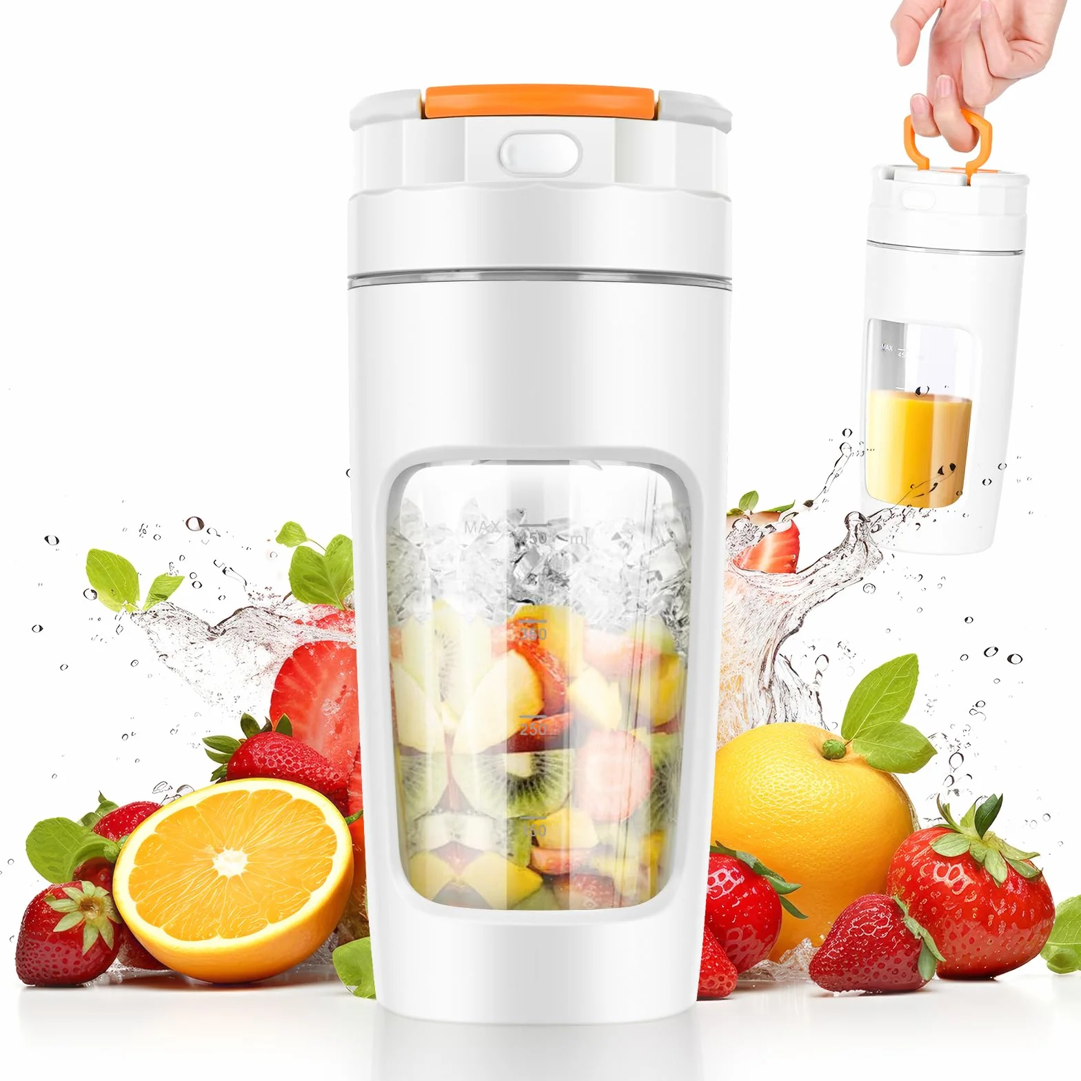 Lekki Przenośny Blender, ręczny mikser do owoców o pojemności 600 ml, mocny bezprzewodowy mini blender, z możliwością ładowania, smoothie, koktajle białkowe, kruszy lód i mrożone owoce (Biały)