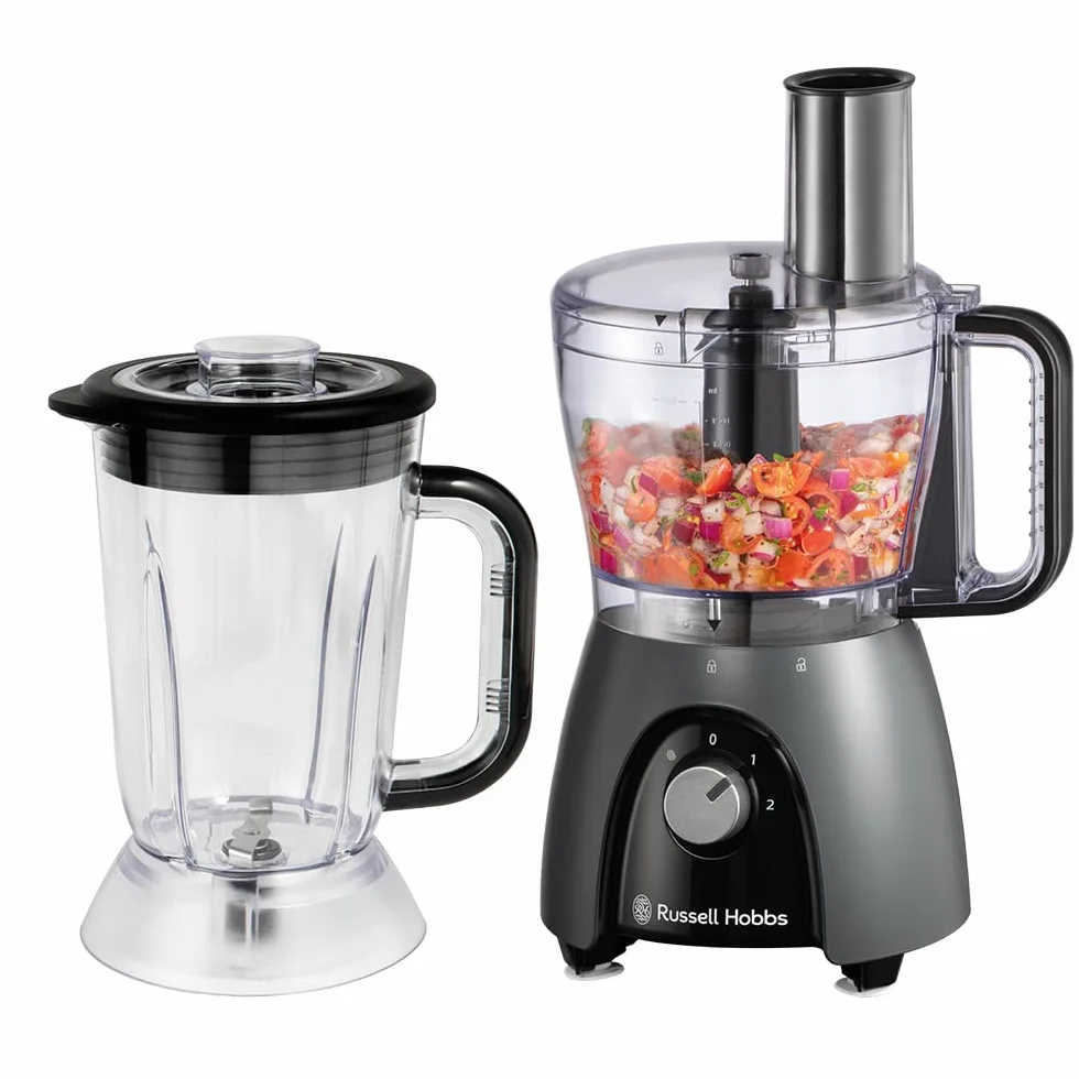 Russell Hobbs Robot kuchenny [Blender/Rozdrabniacz/Młynek/Krajalnica do warzyw] Mikser elektryczny (Do wyrabiania, krojenia, siekania i szatkowania, Moc szczytowa 900W) Matte Charcoal 27111-56