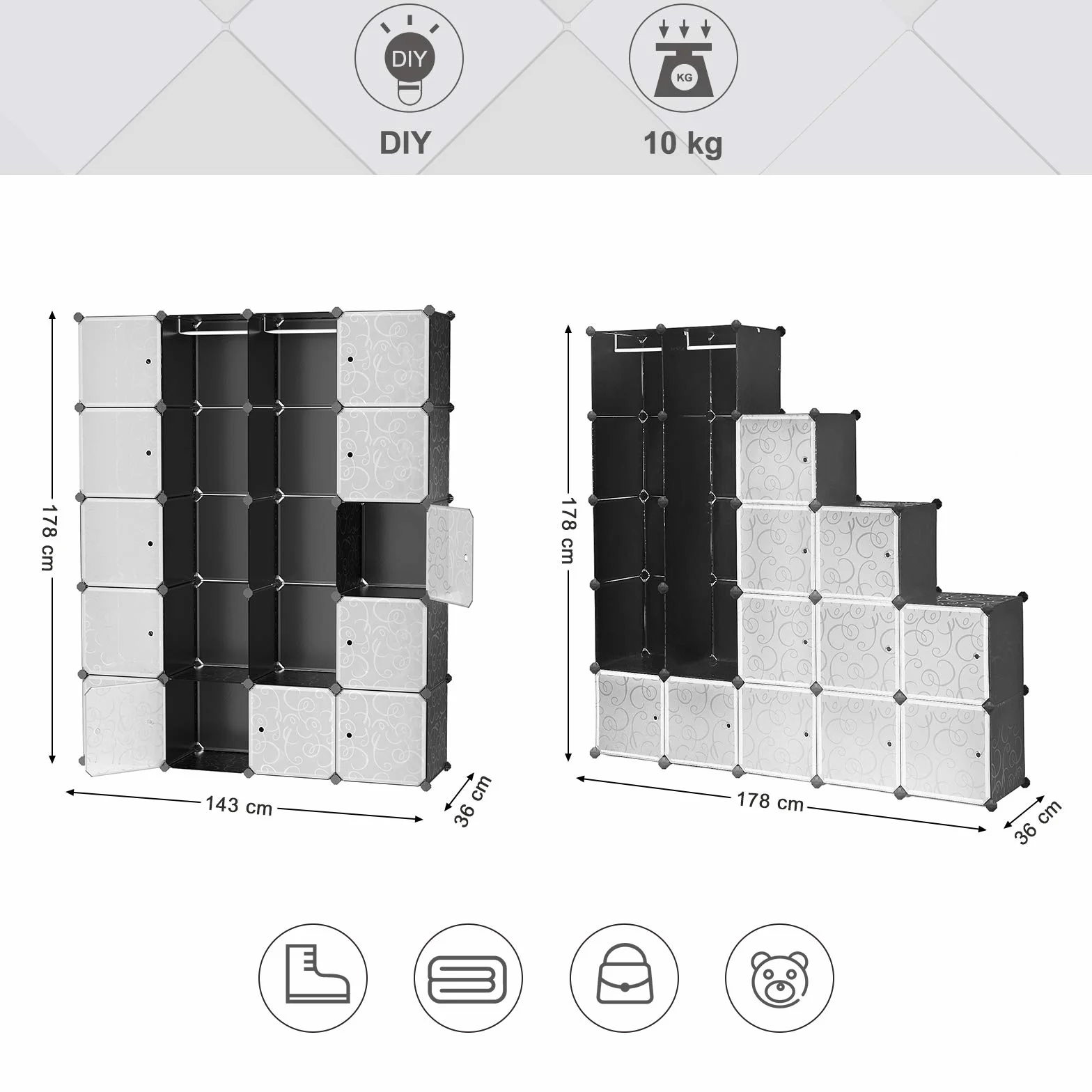 SONGMICS LPC30H szafa na ubrania z 2 drążkami na ubrania, modułowa szafa kombi, zajmujący mało miejsca, system regałów wtykowych, 143 x 36 x 178 cm, czarna