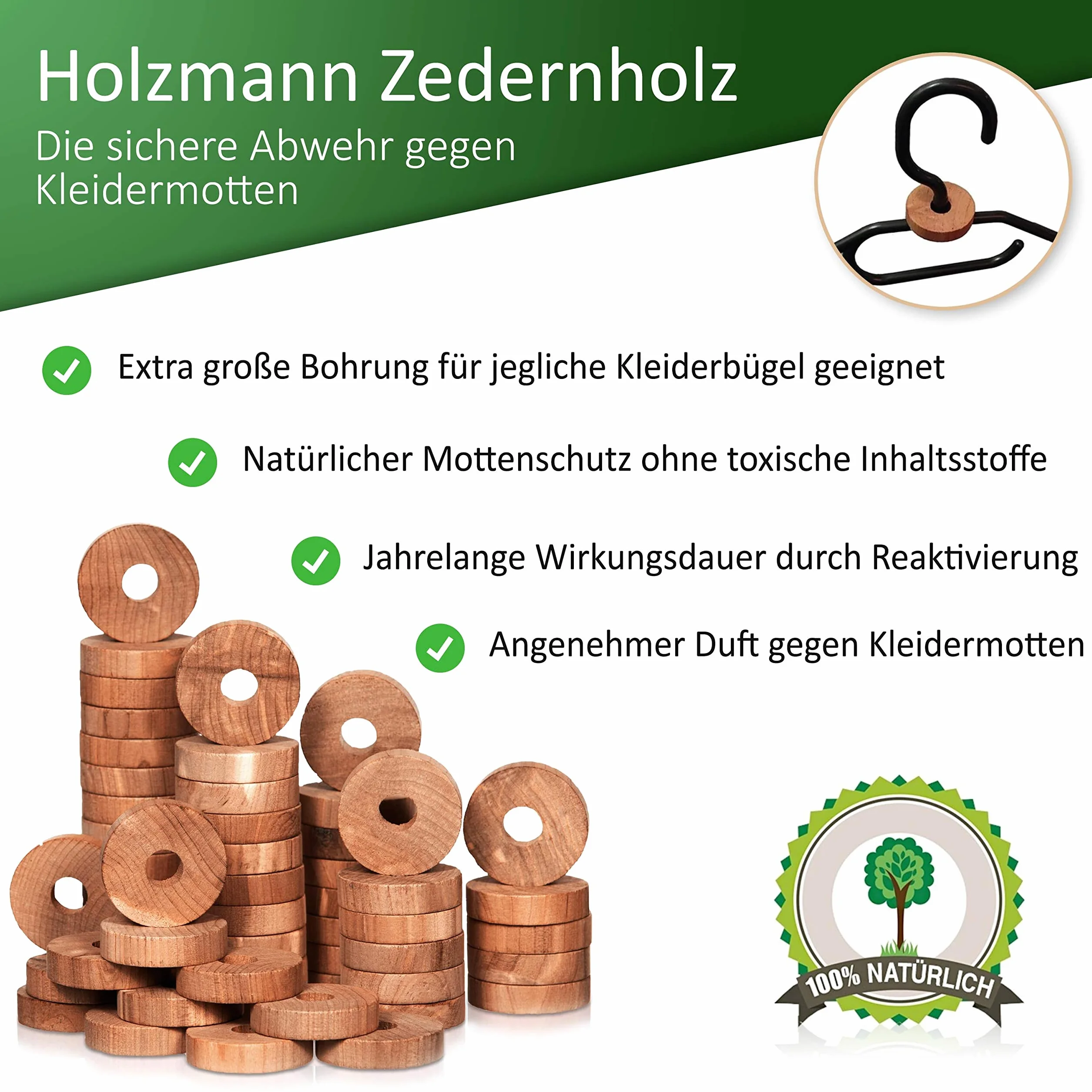 HOLZMANN zestaw 58 sztuk, ochrona przed molami z drewna cedrowego i lawendy, z papierem ściernym, drewno cedrowe, ochrona przed molami, naturalna ochrona przed molami, do szafy na ubrania, pierścienie